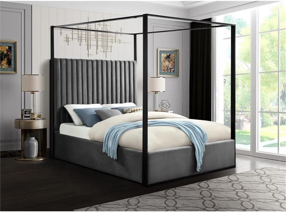 MAKLAINE Contemporary Queen Bed, Solid Wood Frame and Steel Canopy, Gray Velvet Upholstery, Matte Black Finish, Deep Channel Tufting, Full Slats, 66.5' W x 86.5' D x 78.5' H, Bedroom Furniture
