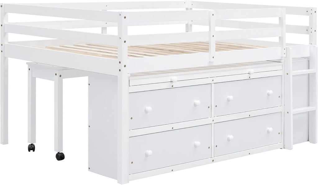 JIVOIT Full Size Low Loft Bed with Retractable Writing Desk, Storage Bed with 4 Drawers and Shelves, Wooden Loft Bed with Lateral Portable Desk for Kids Teens Adults Bedroom (White,Full,9)