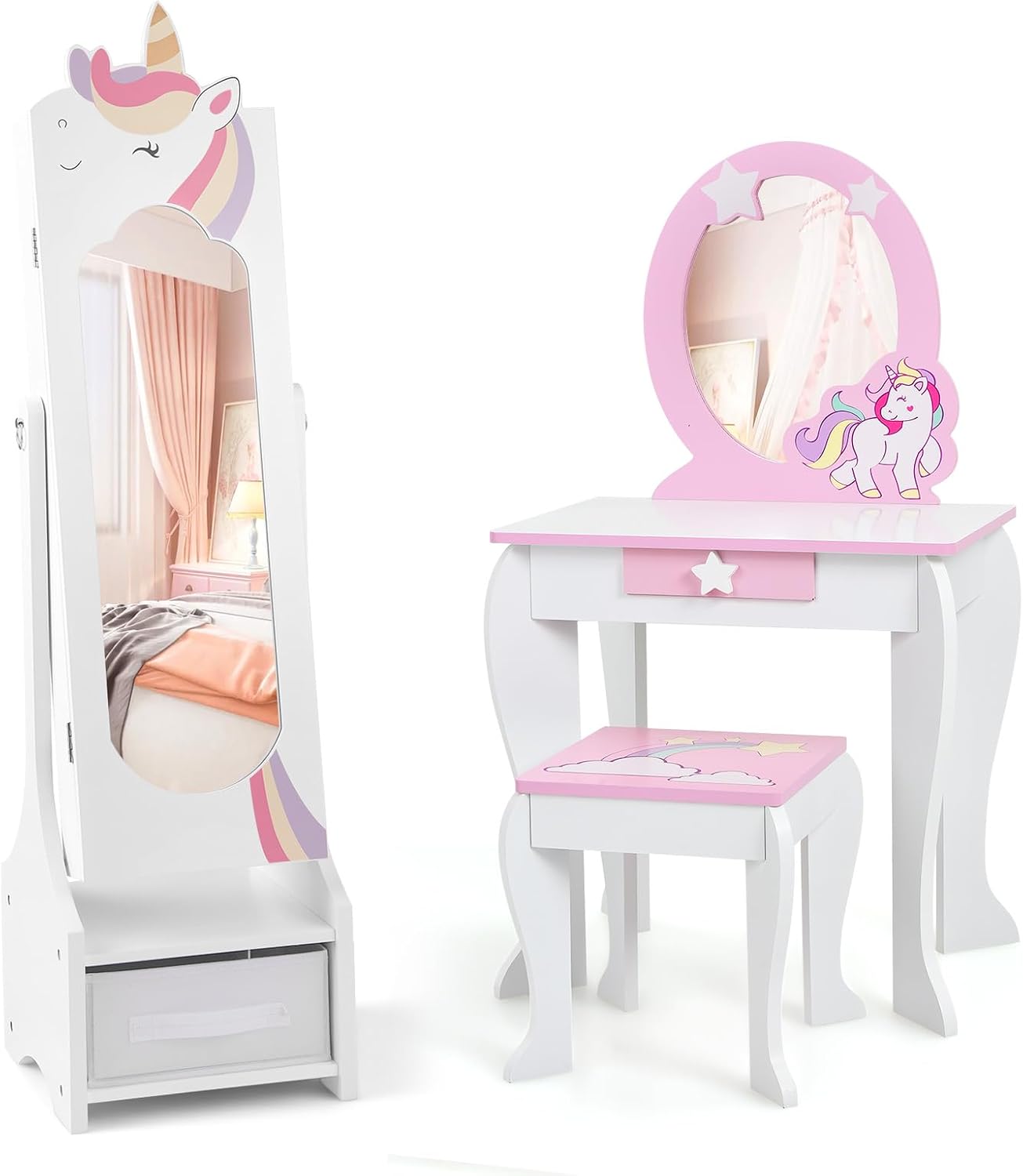 GLACER Kids Vanity & Kids Jewelry Armoire, Princess Little Girls Vanity, Standing Children Jewelry Organizer w/Full-Length Mirror & Foldable Drawers, Adjustable Angles, Kids Bedroom Set (White)