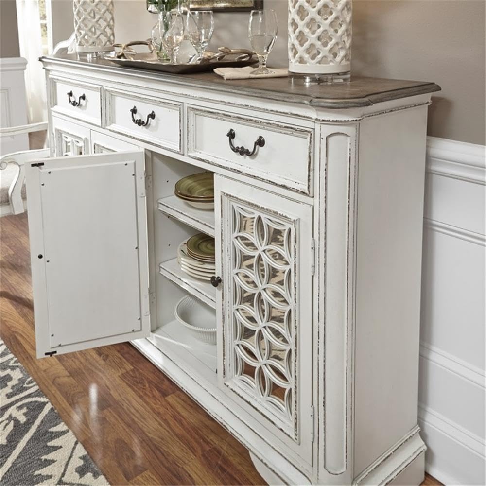 Liberty Furniture Magnolia Manor Hall Buffet Dining Room Storage with Mirrored Doors - Antique White & Weathered Bark