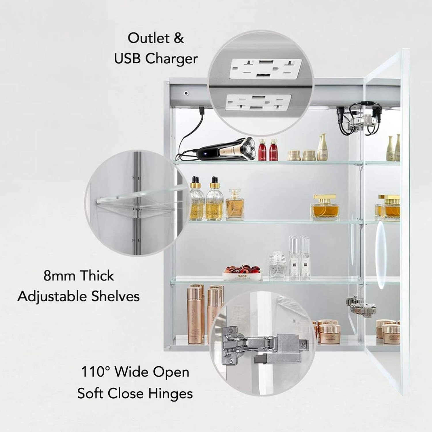 Blossom LED Lighted Mirror Medicine Cabinet, 24x32 Inch, Right Hinge, Recessed/Surface Bathroom LED Medicine Cabinet with Mirror, Defogger, Adjustable Brightness, 3X Makeup Mirror, Outlets & USB Ports