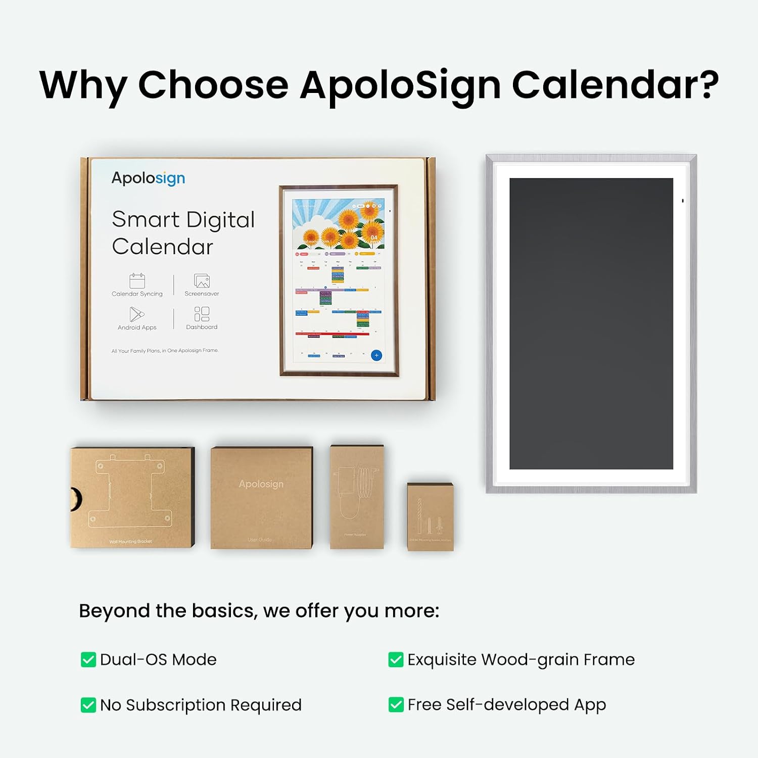 Apolosign 21.5-inch Digital Calendar & Smart Family Wall Planner, No Subscription, Calendar & Dashboard Dual-Mode System, Shared Touchscreen Display with Calendar Sync, Chore Charts & Family Scheduling Hub (Gray)