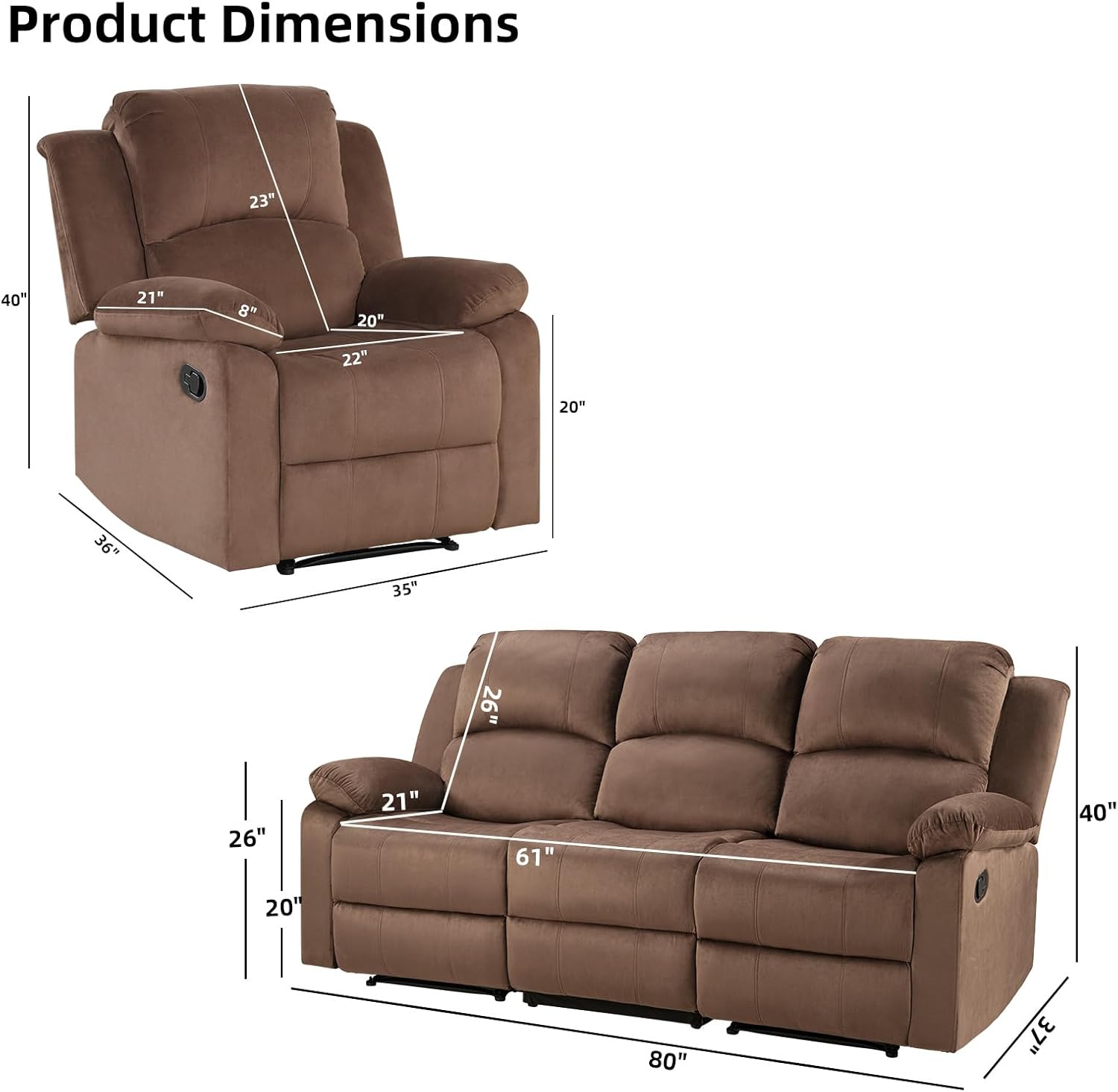 EBELLO Manual Recliner Sofa Set, Modern Microfiber Reclining Couch Furniture Set for Living Room, Includes 2 Recliner Chair and 1 3-Seater Reclining Couch for Home Theater and Office, Brown