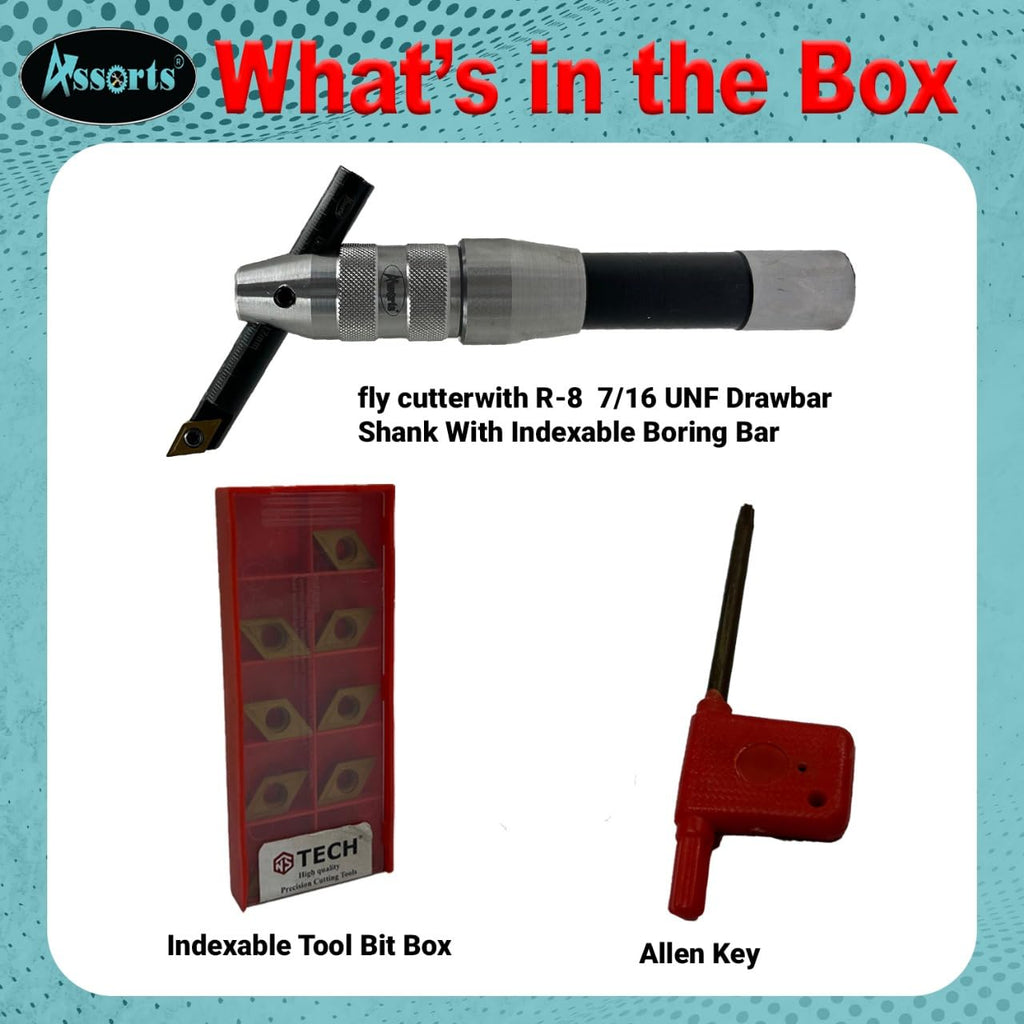 New Fly Cutter with R8 7/16 UNF Drawbar Shank, indexable Boring bar, 10 PCS Inserts (DCMT 11 T304), T-15 Key & Plastic case. Ideal for Facing & Boring. Watch The Working Video for Details