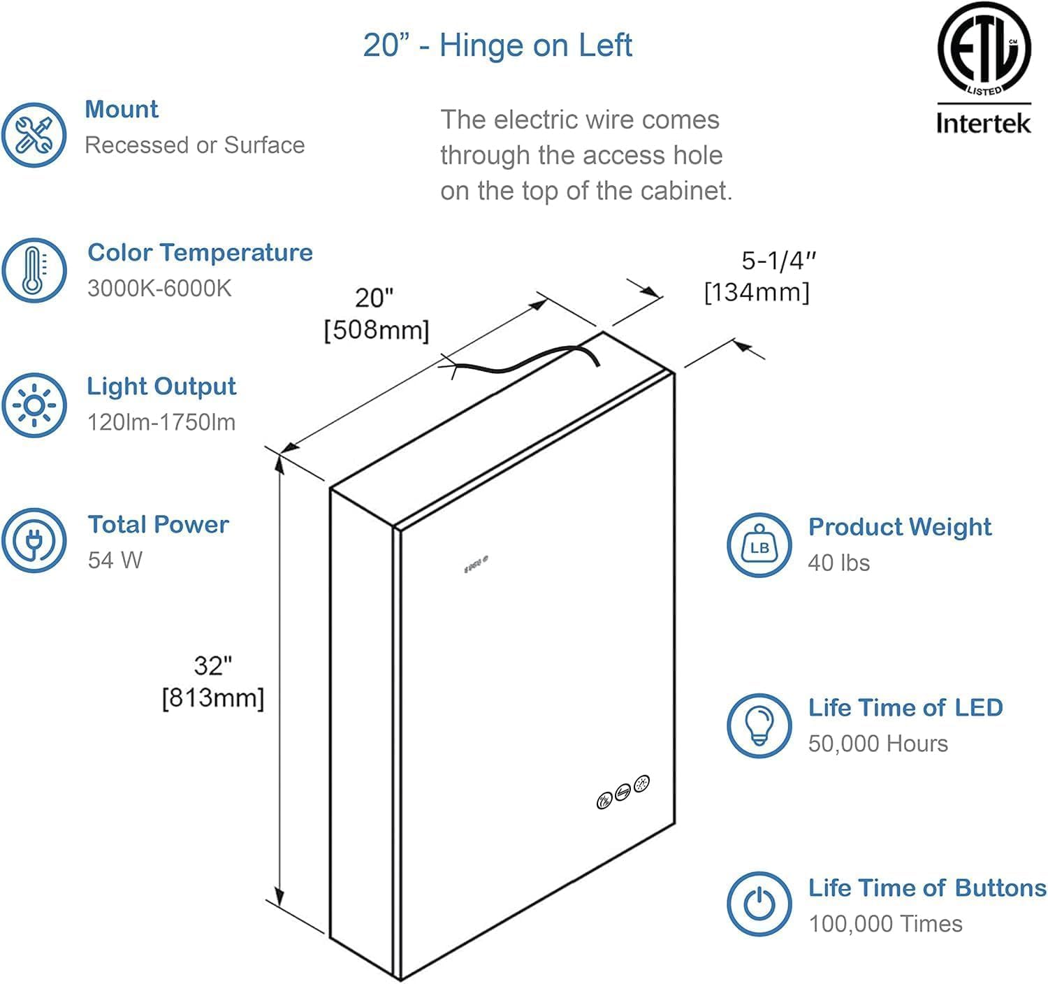 Luxury Recessed Medicine Cabinet 20x32 in - Frameless LED Lighted Vanity Mirror - Copper-Free Silver Mirror - BLUM Soft Close - Left Swing Door - Professional Grade Bathroom Renovation Storage Cabinet