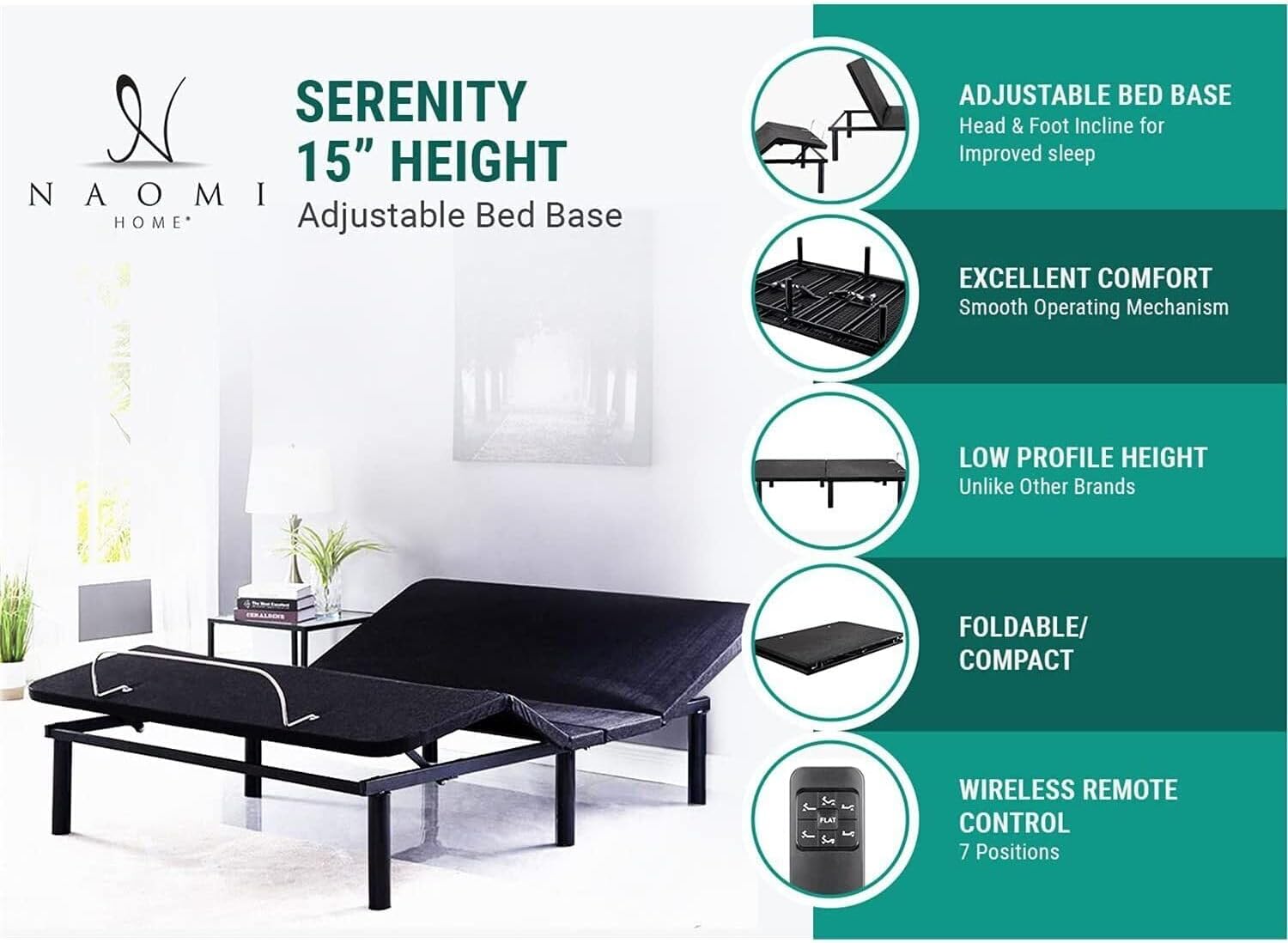 Naomi Home Serenity Split King Adjustable Bed Frame with Wireless Remote Ergonomic Head and Foot Incline Electric Bed Frame Easy Assembly Smart Frame Split King Size Ideal for Snoring Relief