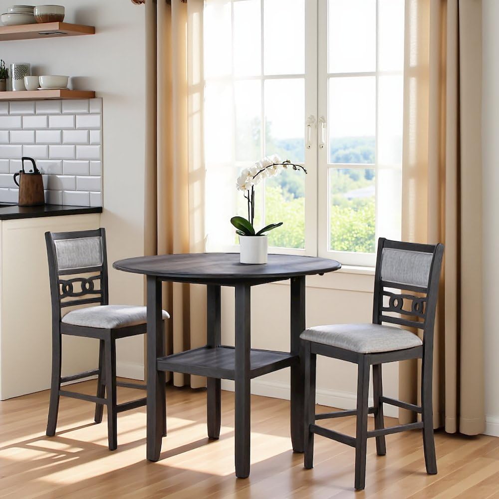 Furnifact Grey 3 Piece Drop Leaf Table and Chairs, Solid Wood Round Dining Table with Chairs, Space-Saving Design with Storage Shelf for Small Kitchens
