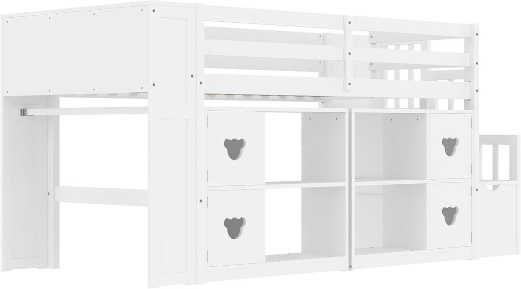 JIVOIT Twin Size Low Loft Bed with Open Shelves, Storage Cabinets, Storage Headboard and Stair, Full-Length Guardrails, No Box Spring Needed (White, 50)