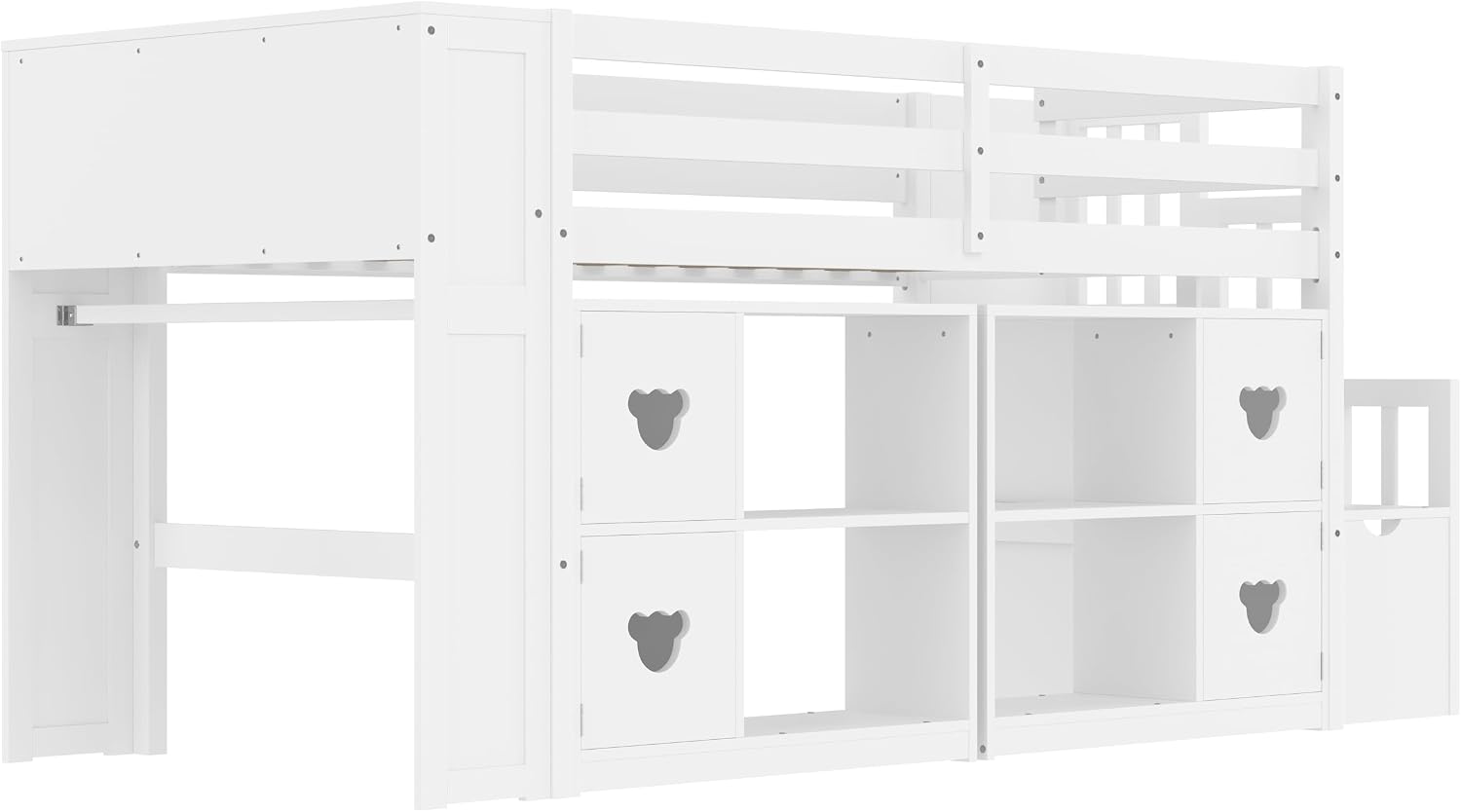 JIVOIT Twin Size Low Loft Bed with Open Shelves, Storage Cabinets, Storage Headboard and Stair, Full-Length Guardrails, No Box Spring Needed (White, 50)