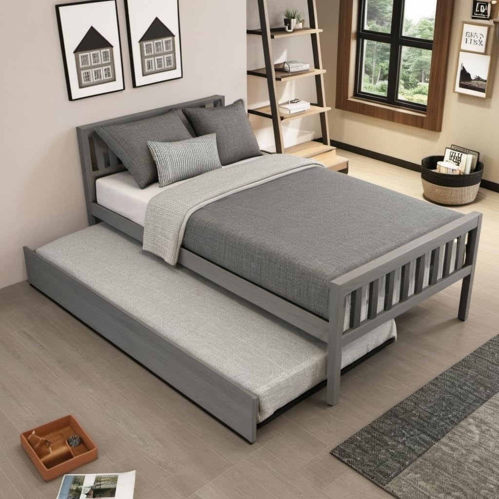 PVWIIK Twin Daybed with Trundle for Kids Bedroom,Wood Platform Bed Frame with Headboard and Footboard for Small Living Space,No Box Spring Needed,Grey