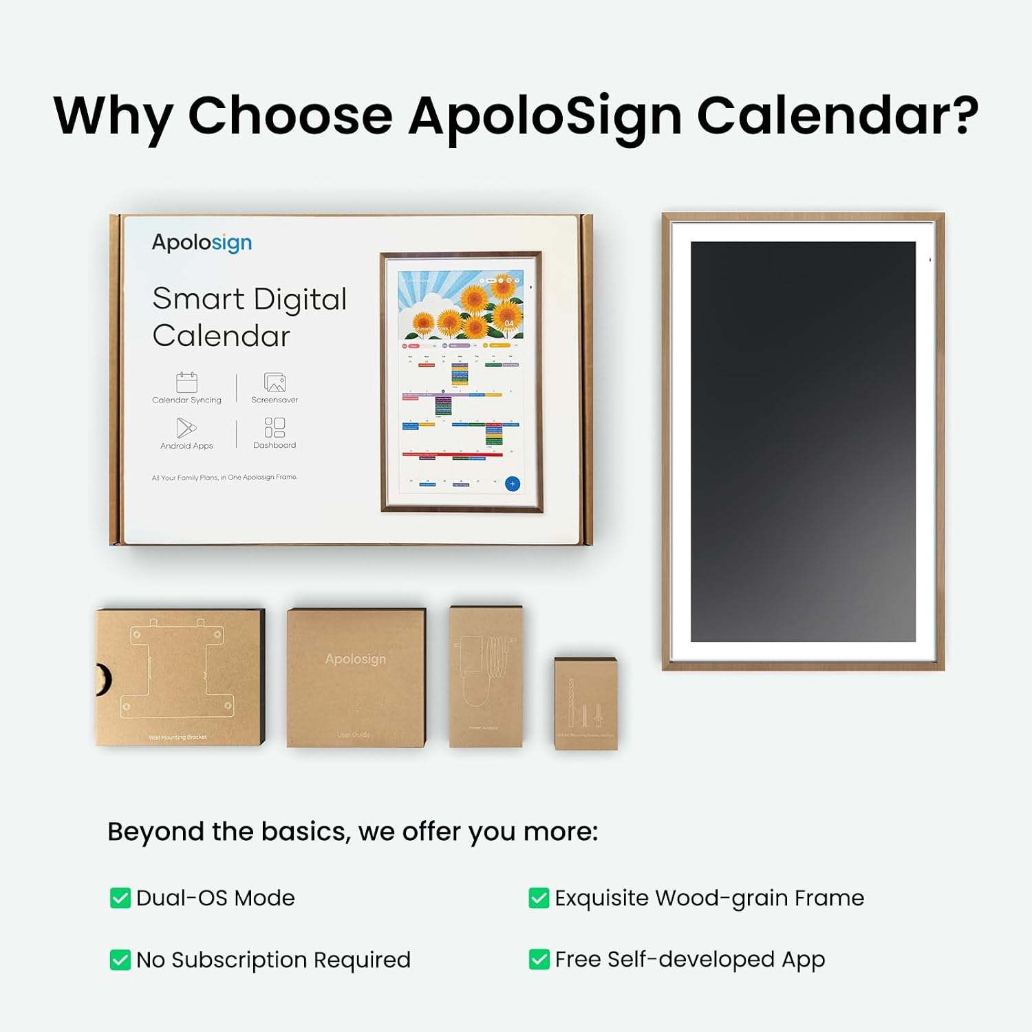 Apolosign 21.5-inch Digital Calendar & Smart Family Wall Planner, No Subscription, Calendar & Dashboard Dual-Mode System, Shared Touchscreen Display with Calendar Sync, Chore Charts & Family Scheduling Hub (Teak)