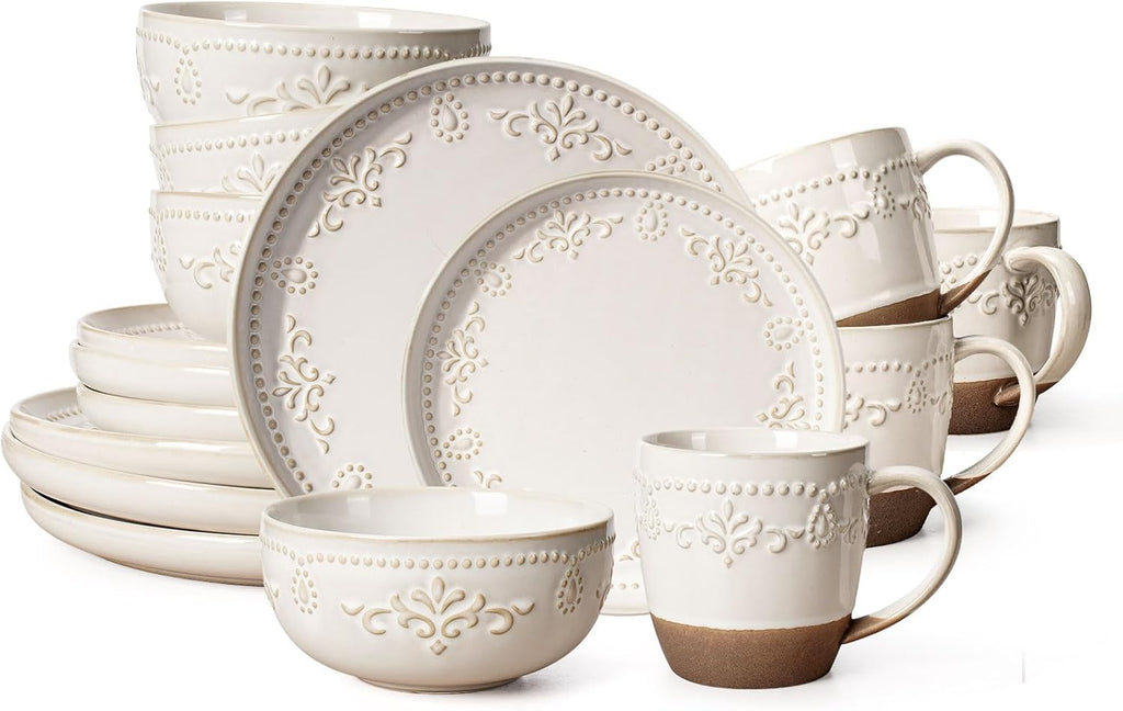 Artena Plates And Bowls Sets, 16 Pieces Dinnerware Sets, Dish Set For 4, Ceramic Kitchen Bowl And Plate Set, Embossed White Dishware Sets, Dishwasher & Microwave Safe (Damask Floral) (With Mugs)