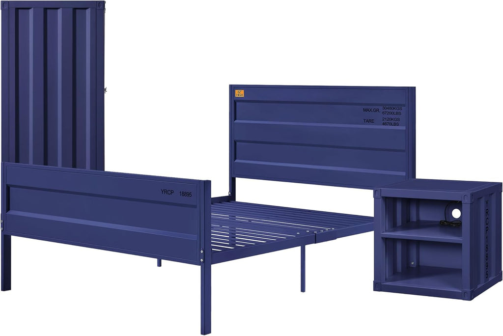 Benjara Dua Recessed Panel Pattern 3 PC Full Bedroom Set - Blue Metal