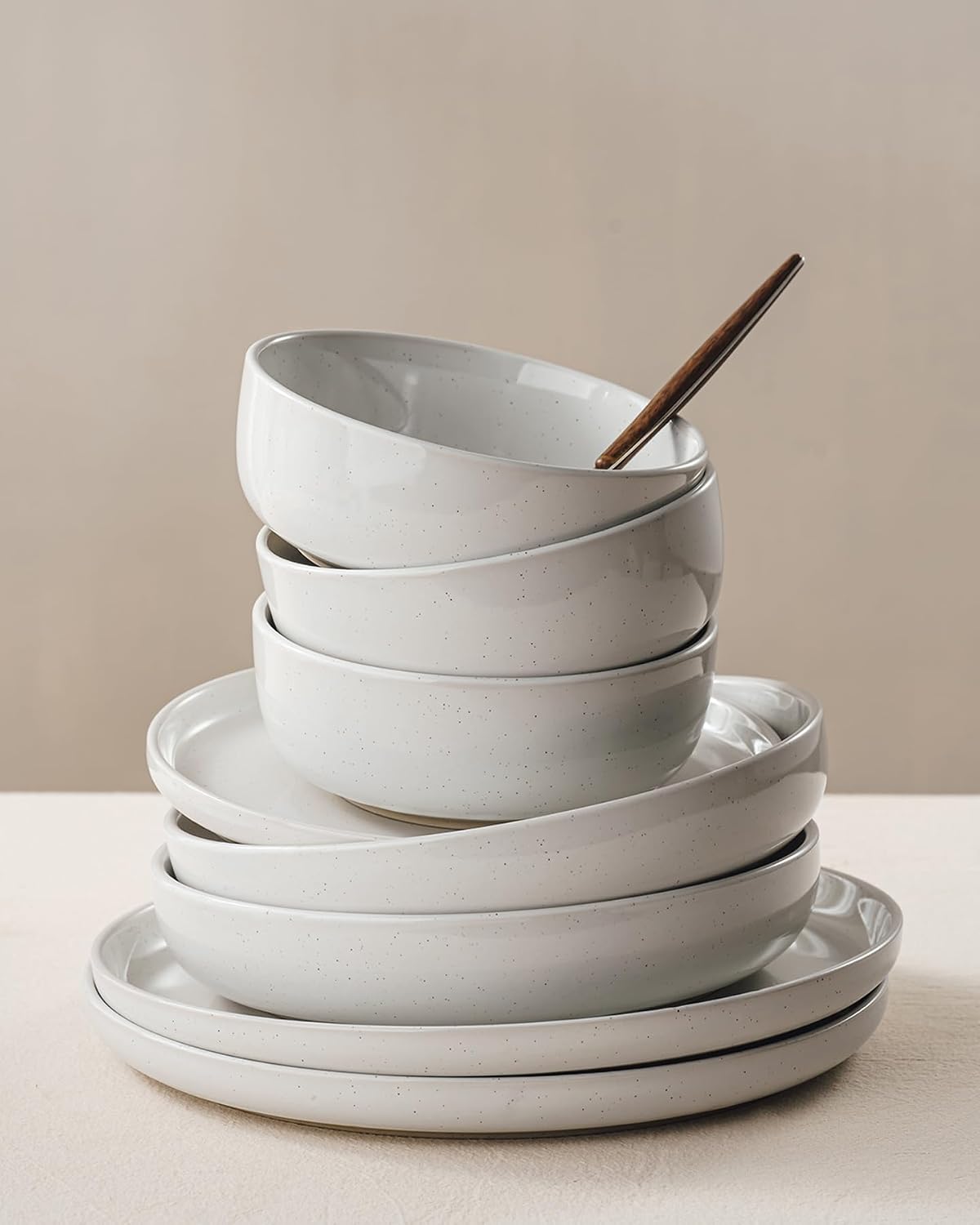 Famiware Milkyway Stoneware Dinnerware Sets with Pasta Bowls, Service for 6 (24 Pieces), Plates and Bowls Sets -Scratch Resistant, Microwave and Dishwasher Safe Dishes Set, White