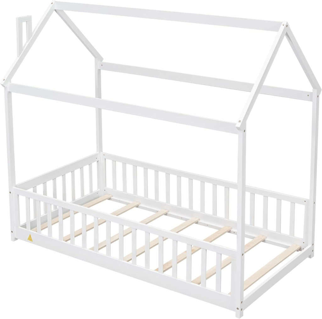 Twin Floor Bed with Slats, Twin Floor Bed for Children, Wooden Montessori Bed with Fence, House Bed for Boys Girls Bedroom - White