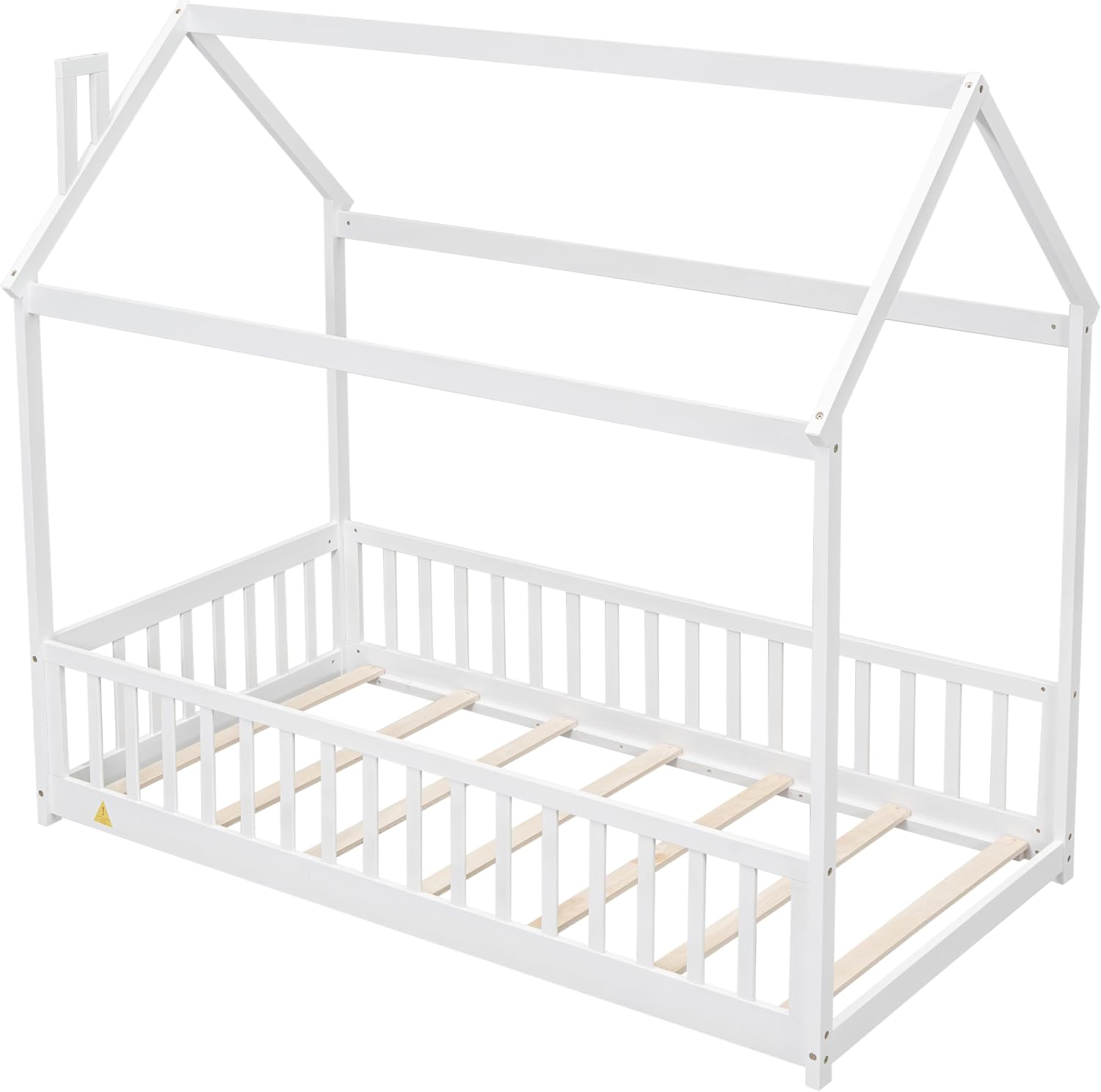 Twin Floor Bed with Slats, Twin Floor Bed for Children, Wooden Montessori Bed with Fence, House Bed for Boys Girls Bedroom - White