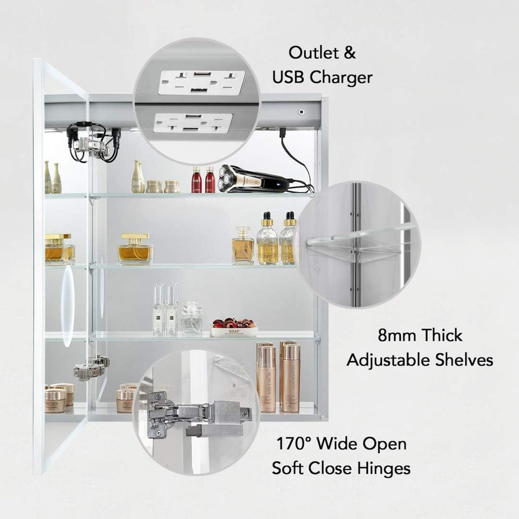 Blossom 24x32 Inch Recessed or Surface LED Mirror Medicine Cabinet with Left Hinge | Defogger - 3X Makeup Mirror, Digital Clock | Adjustable Color Temperature & Brightness | 2 Outlets & 2 USB Ports