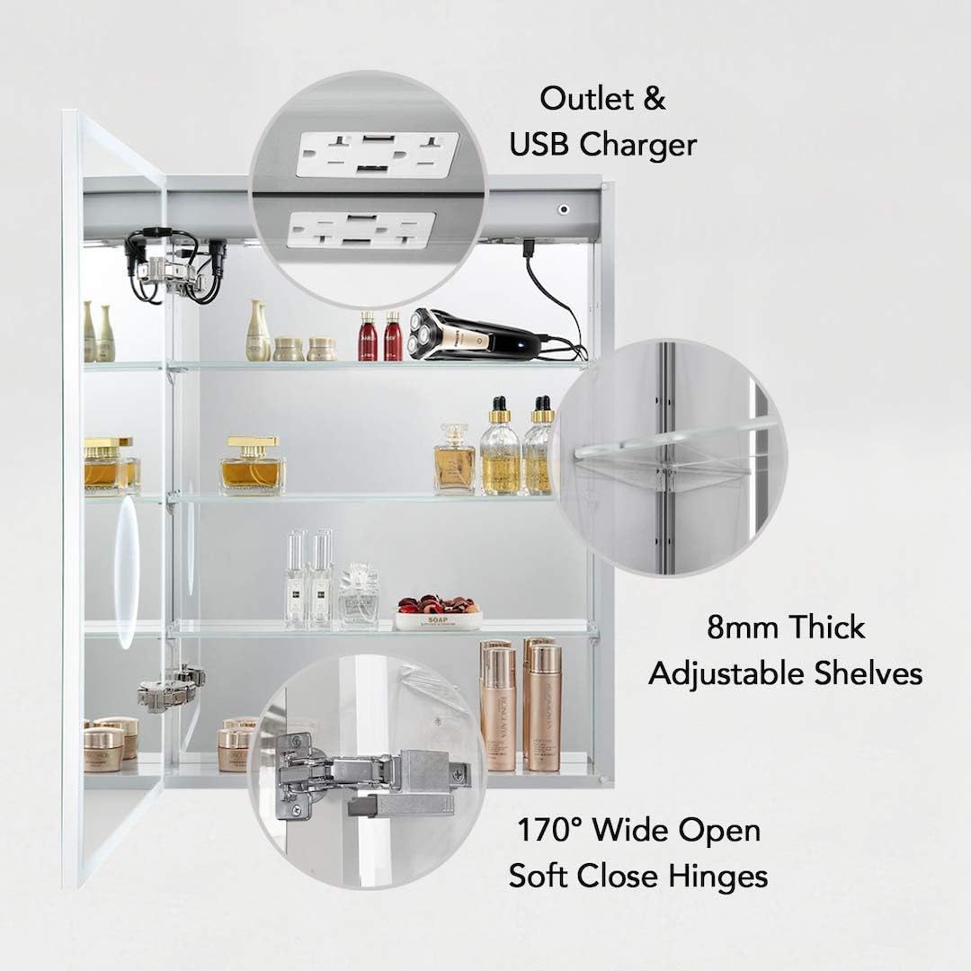 Blossom 24x32 Inch Recessed or Surface LED Mirror Medicine Cabinet with Left Hinge | Defogger - 3X Makeup Mirror, Digital Clock | Adjustable Color Temperature & Brightness | 2 Outlets & 2 USB Ports