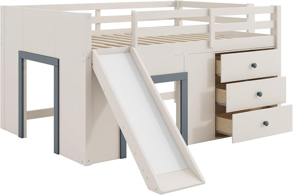 JIVOIT Wooden Low Loft Bed with Slide, Full Size Loft Bed with Three Storage Drawers and Two Doors, Wood Slat Support, No Box Spring Required