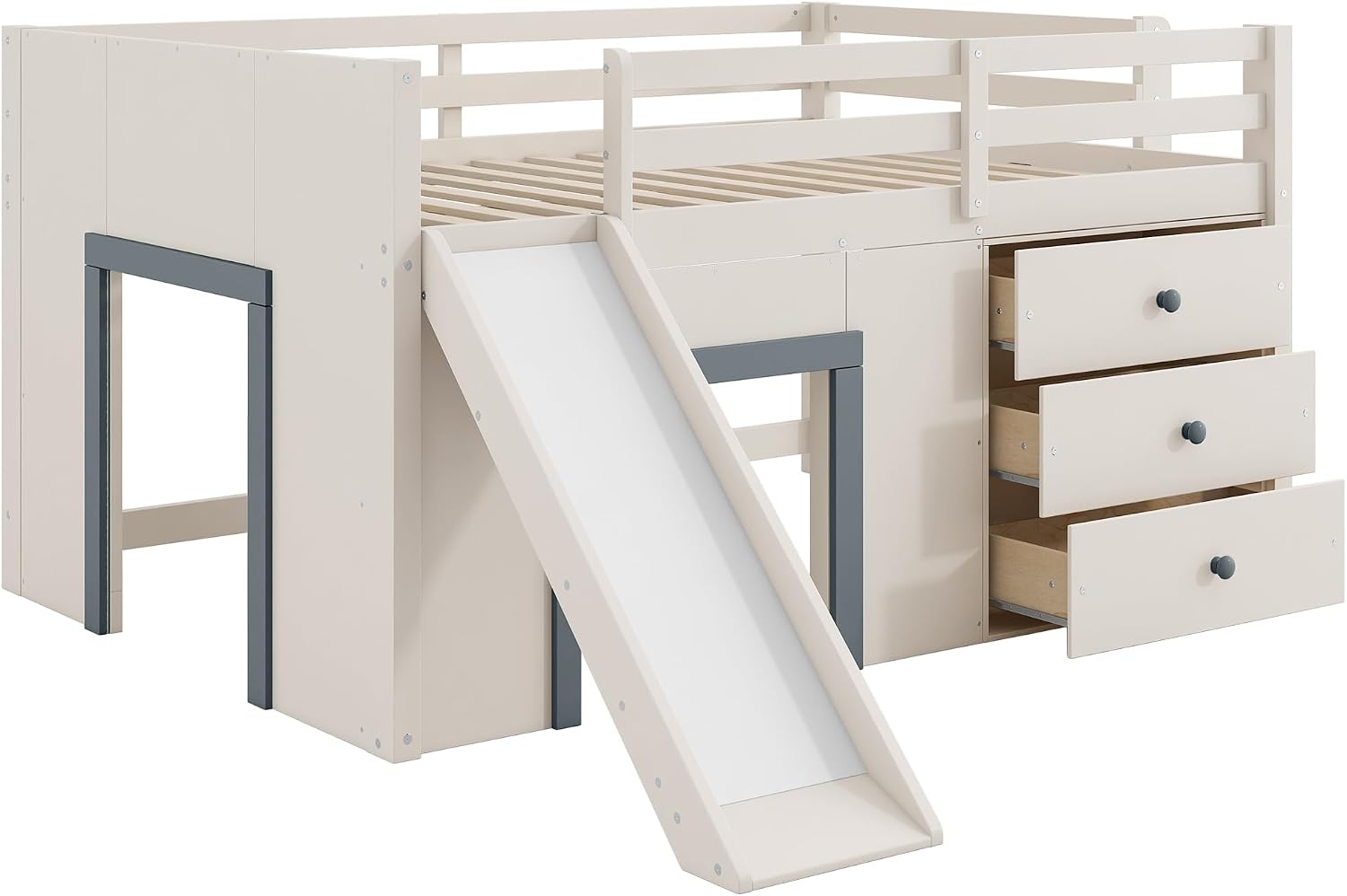 JIVOIT Wooden Low Loft Bed with Slide, Full Size Loft Bed with Three Storage Drawers and Two Doors, Wood Slat Support, No Box Spring Required