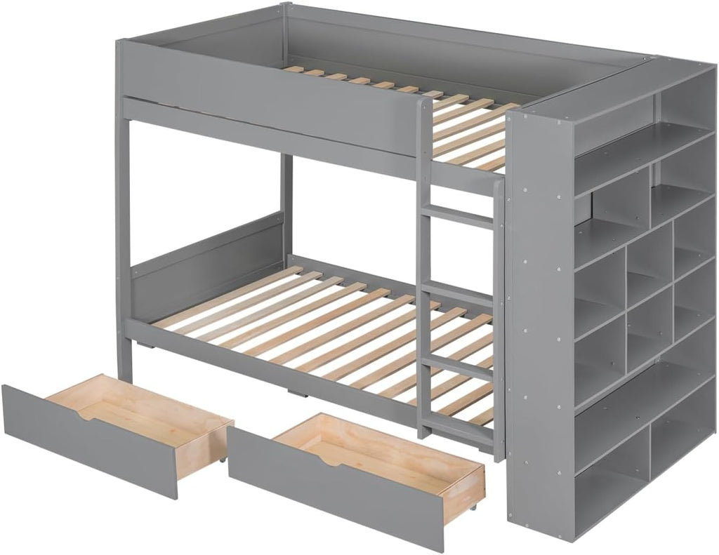 Twin Over Twin Bunk Bed with Bookcase and Drawers,Wooden All-in-one Furniture Set with Multi-Layer Cabinet for Kids Girls Boys-Gray