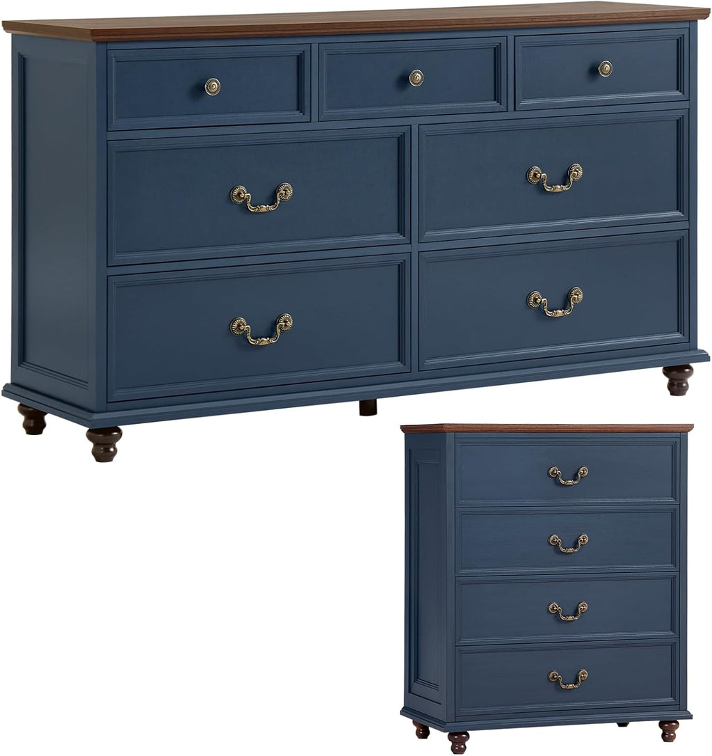Joaxswe Bedroom Sets, 54' Wide 7 Drawers Dresser and 37' Tall 4 Drawers Dresser, Wooden 2 Piece Bedroom Furniture Set, Chest of Drawer for Bedroom, Home, Living Room, Hallway, Navy Blue