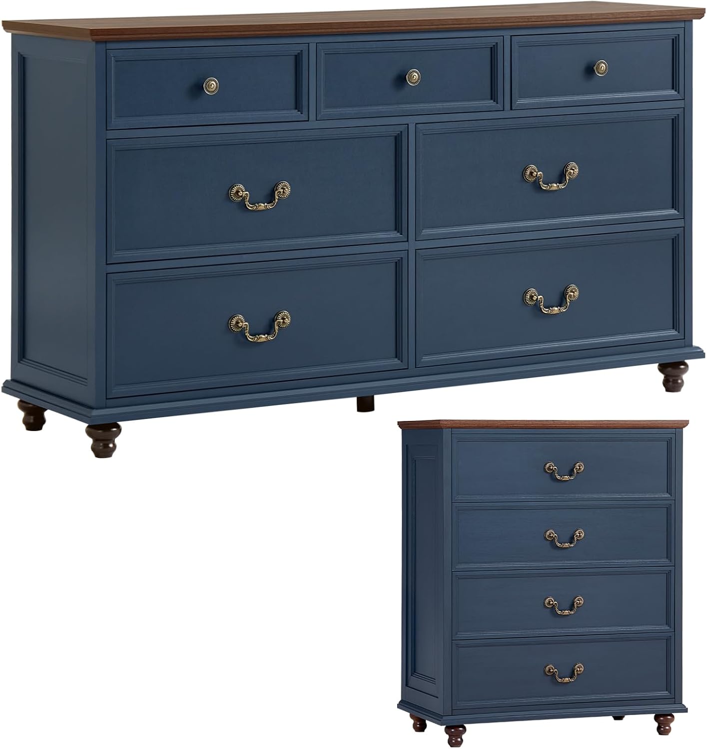 Joaxswe Bedroom Sets, 54' Wide 7 Drawers Dresser and 37' Tall 4 Drawers Dresser, Wooden 2 Piece Bedroom Furniture Set, Chest of Drawer for Bedroom, Home, Living Room, Hallway, Navy Blue