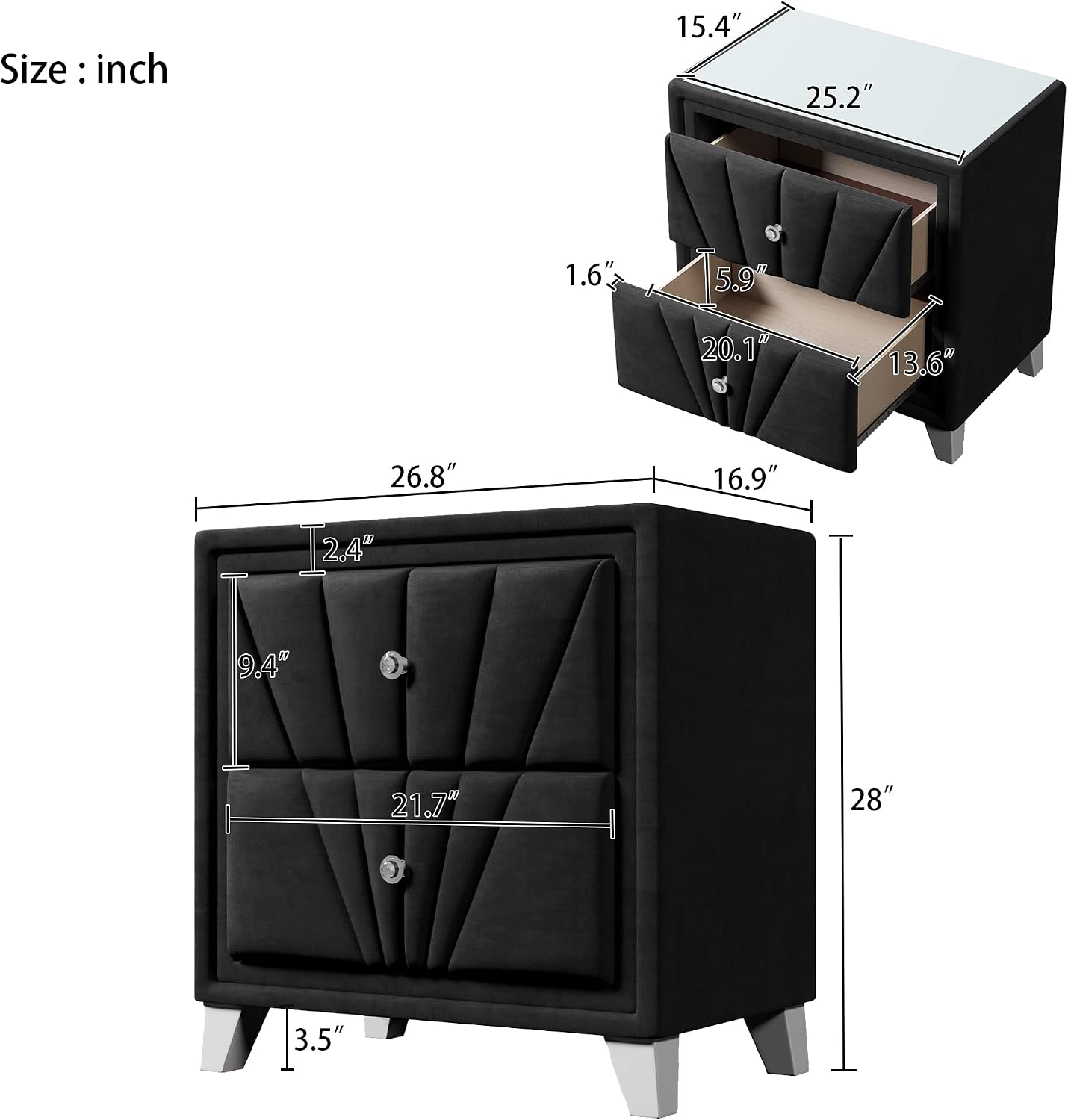 3 Pieces Velvet Bedroom Set with Full Upholstered Bed and Two Nightstand, Contemporary Furniture Set for Bedroom Living Room (Black+3 Pieces+Full)