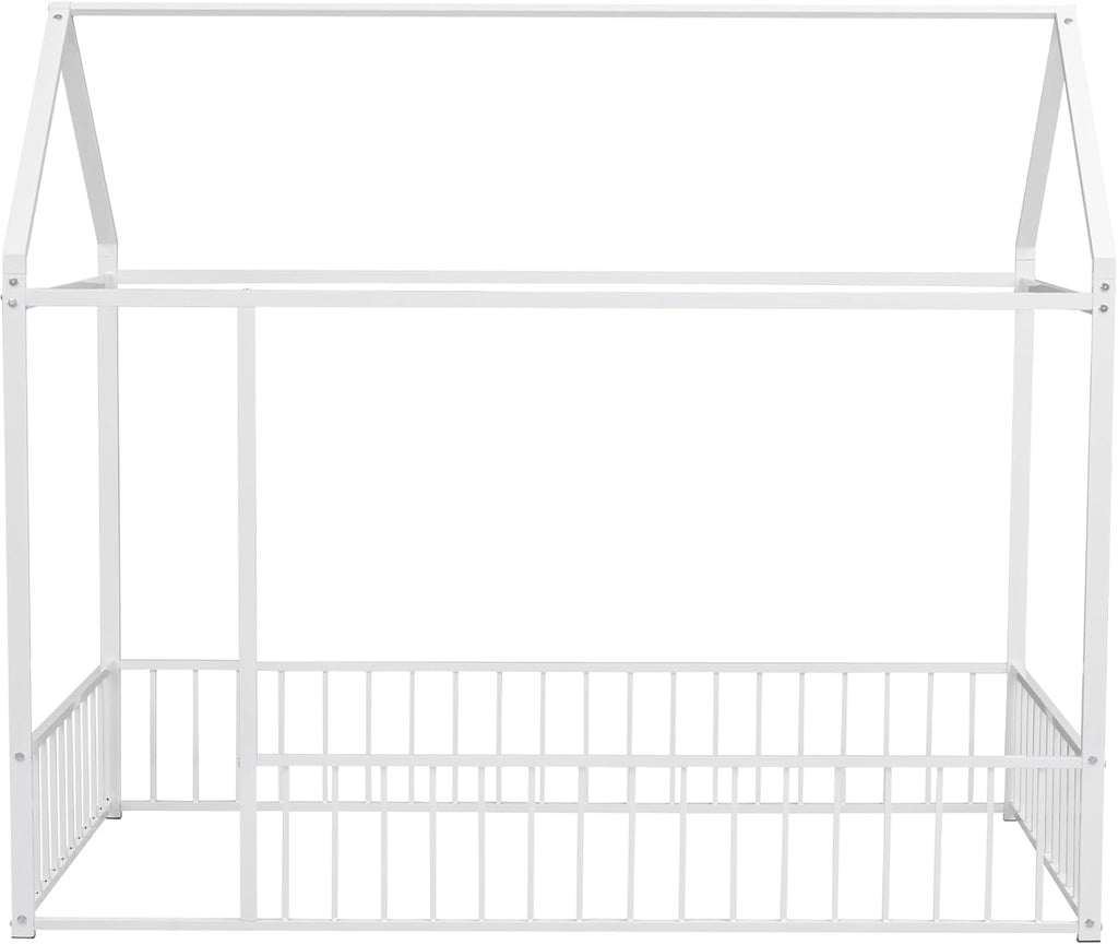 Bellemave Twin Floor Bed Frame, Metal Montessori Floor Bed Twin with Fence for Boys Girls Bedroom Playhouse for Kids No Slat, Easy Assembly House Shaped Floor Beds White