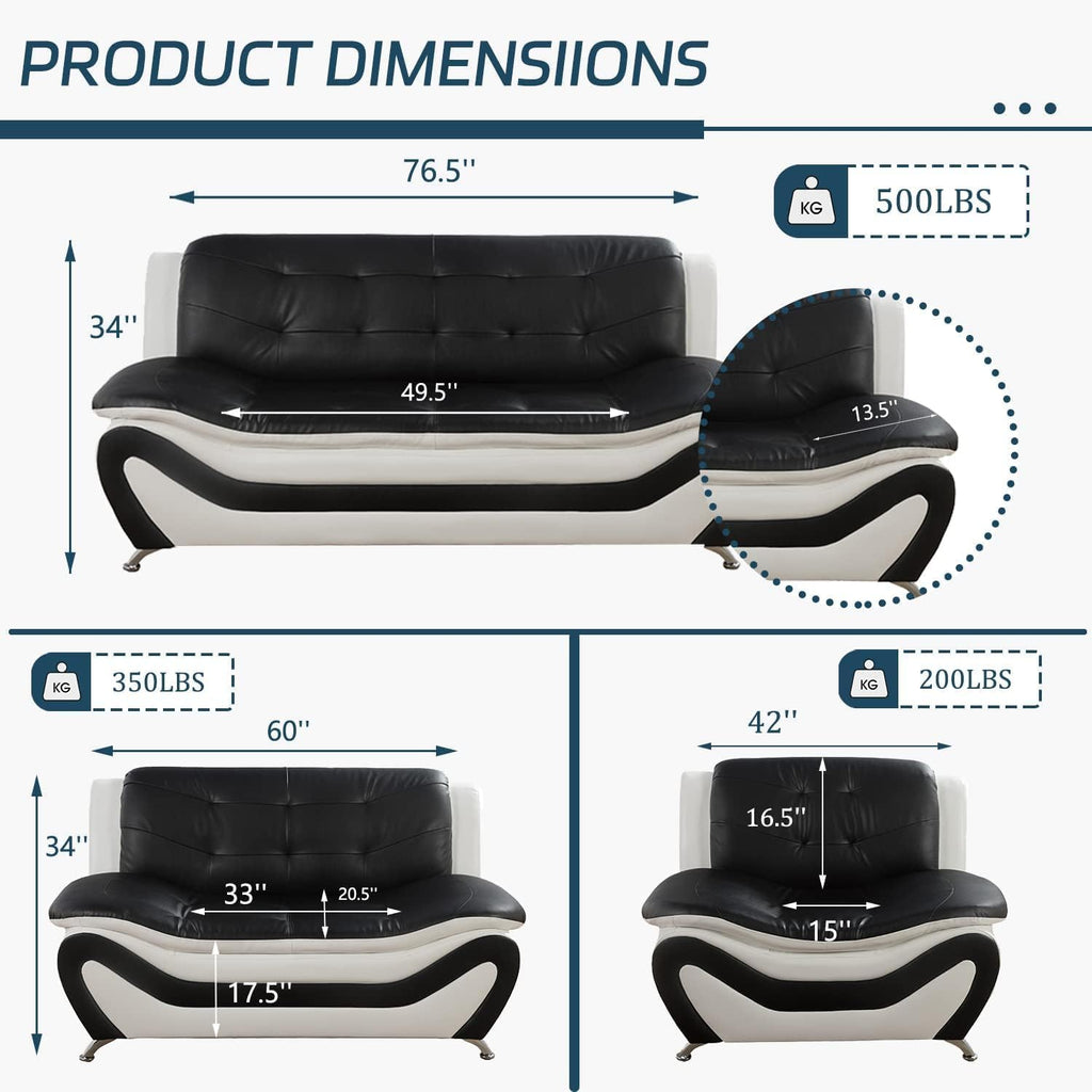 Contemporary Living Room Furniture Set, Vegan Leather Sofa Set for Living Room/House/Bedroom/Office/Apartment (Black&White, Sofa;Love;Chair)