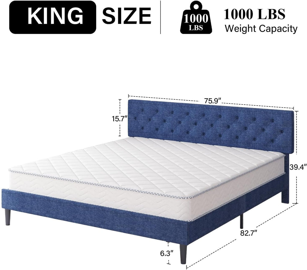 HOMBCK King Size Bed Frame, Linen Fabric Upholstered Bed Frame King Size with Headboard, Wood Slats Support, Button Tufted Design, No Box Spring Needed, Blue