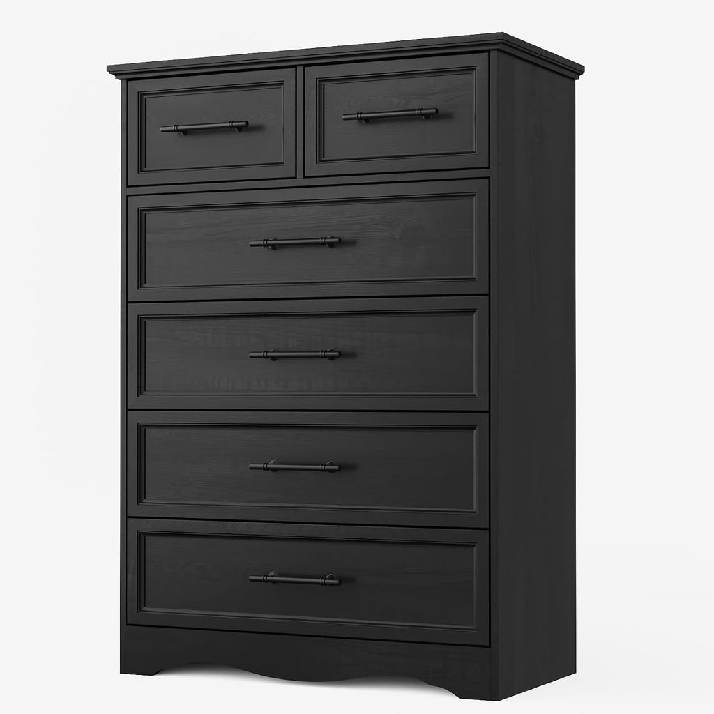 YANSNWO Black Farmhouse Dresser for Bedroom, Modern 6 Chest of Drawers, 44' Tall Chest of Drawers w/Brushed Metal Handle, Wood Closet Organizers and Storage Cabinet for Bedroom, Living Room, Hallway