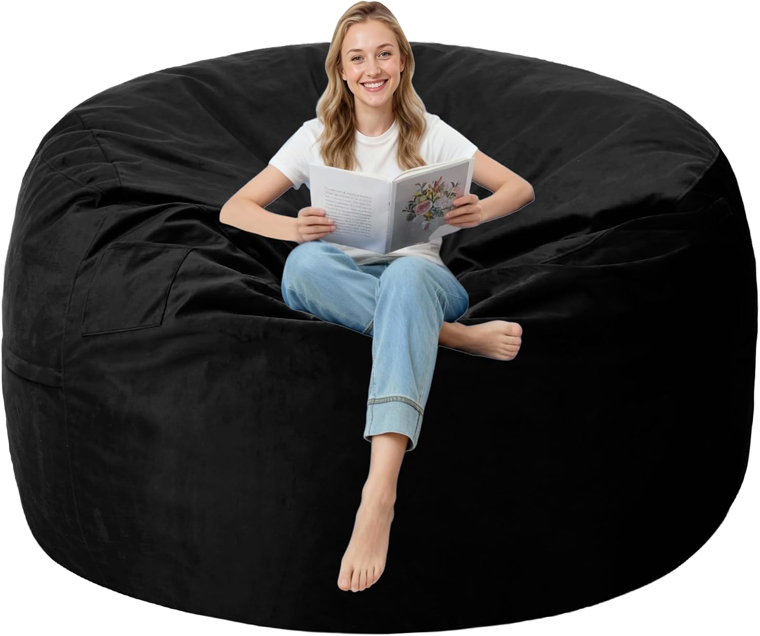 5FT Bean Bag Chair with Ultra Soft Velvet Cover Bean Bag Sofa with Memory Foam Bean Bag Chairs with Large Size Lazy Sofa for Dorm Office Living Room Bedroom Black 5'