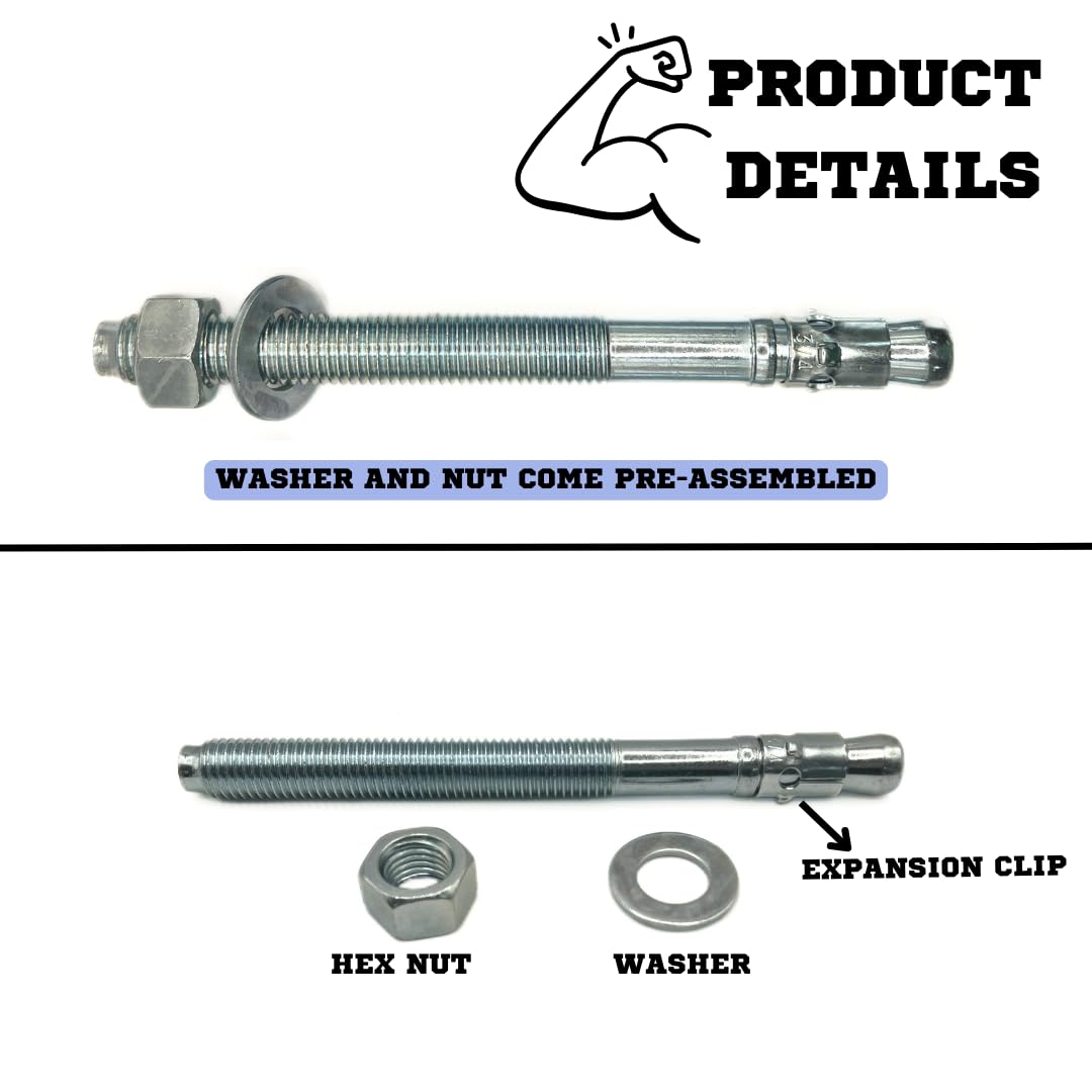 MIGHTY FASTENERS Zinc-Plated Steel Wedge Anchors, 3/4' X 8 1/2' - Heavy-Duty Mounting Bolts for Concrete - 25 Pack