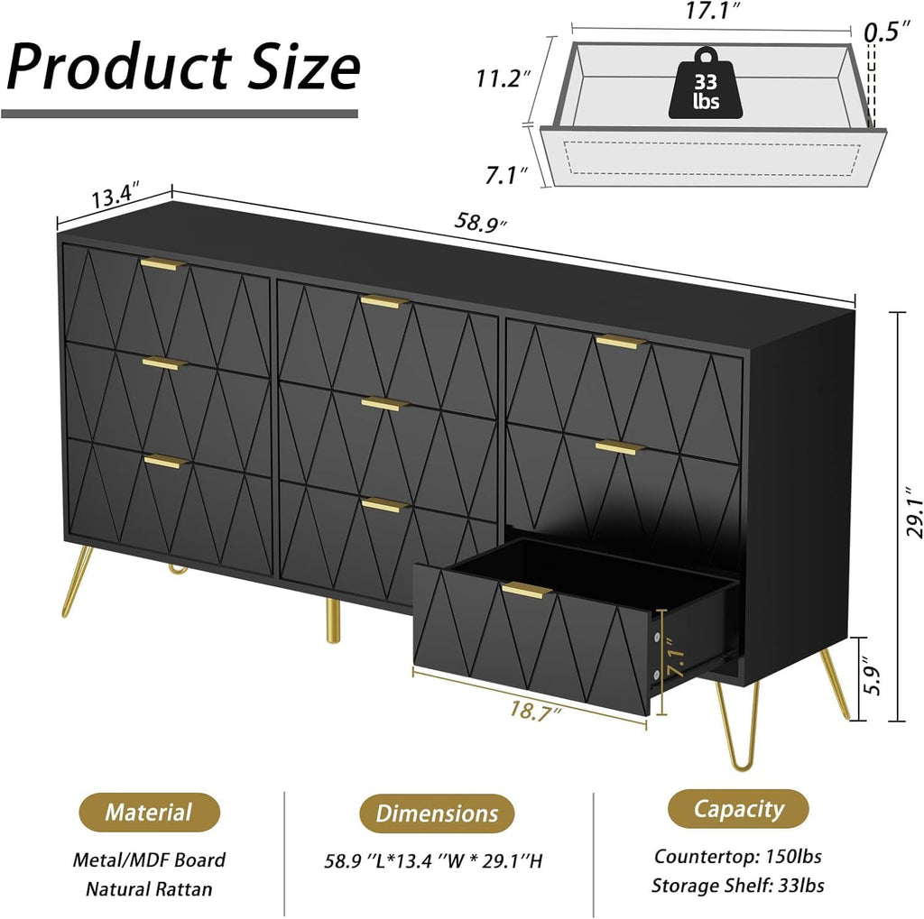 UEV Black Dresser for Bedroom,Modern 9 Drawer Triple Dresser with Gold Accents,Long Storage Organizer for TV Stand & Closet,Large Chest of Drawers for Living Room,Hallway,Entryway