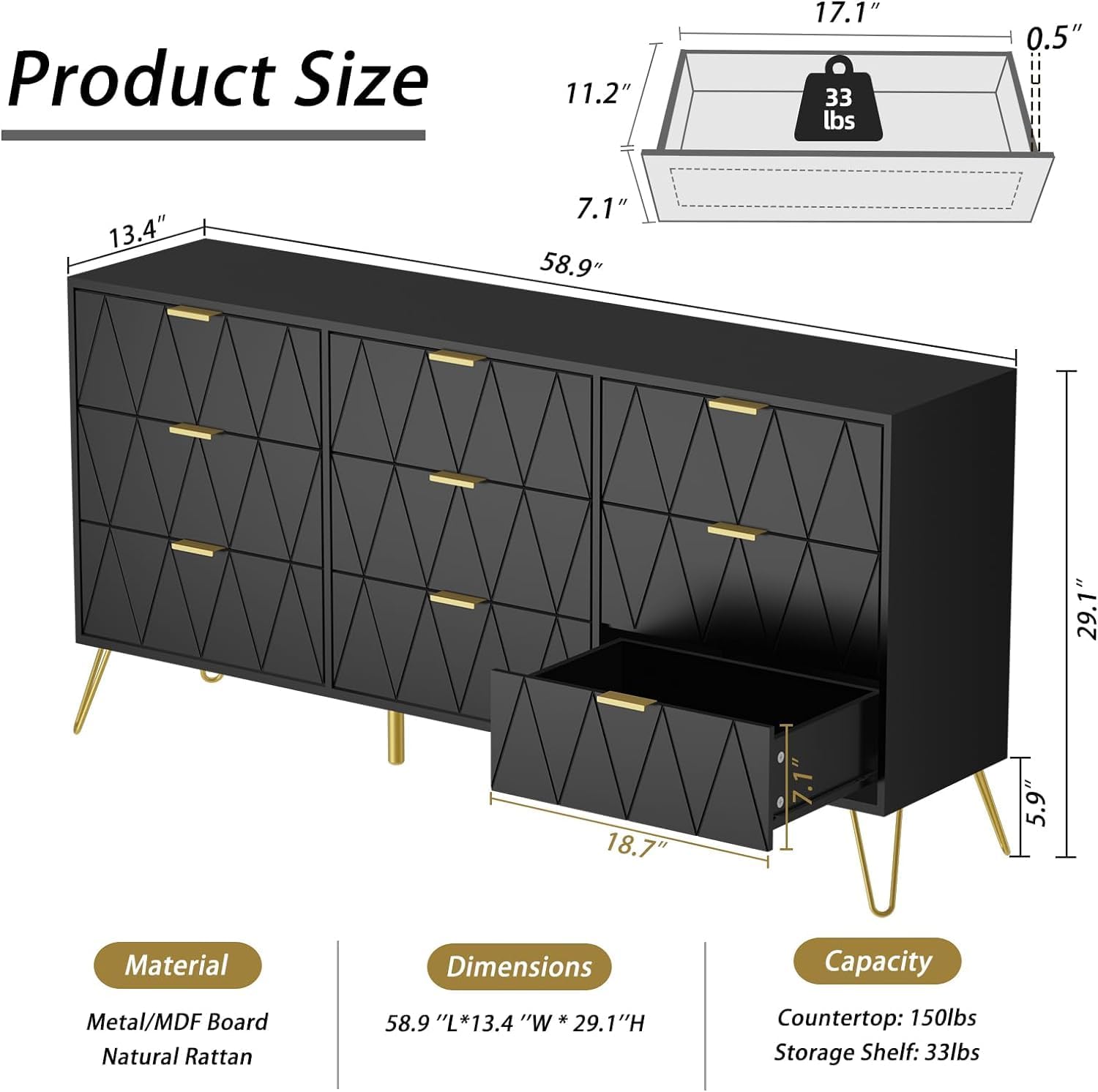 UEV Black Dresser for Bedroom,Modern 9 Drawer Triple Dresser with Gold Accents,Long Storage Organizer for TV Stand & Closet,Large Chest of Drawers for Living Room,Hallway,Entryway