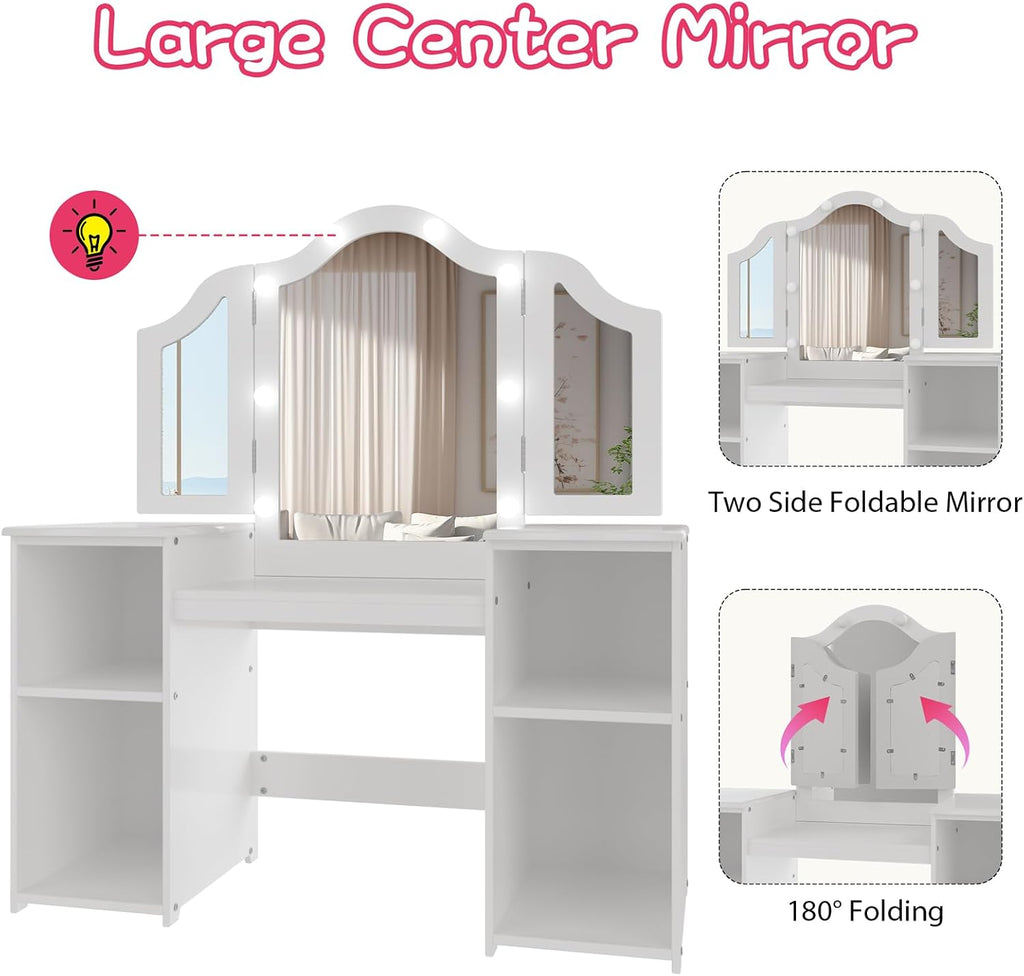 Garvee Kids Vanity Table, Princess Makeup Desk & Chair Set Withtouch Light Detachable Tri-Folding Mirror, Open Storage Shelves, Wooden Girls Vanity Dressing Table, Pretend Play Vanity Set for Toddler