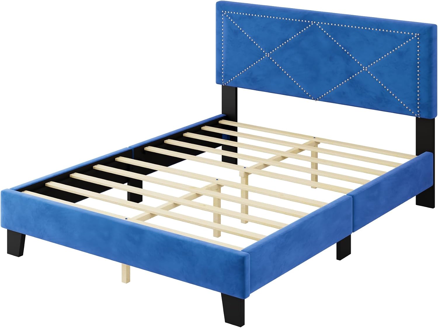 Full of Luxury 4-Pieces Bedroom Sets Queen Size Upholstered Bed Frame with Rivet Design,2 Nightstands and A Tufted Storage Ottoman for Girls,Boys,Kids,Teens, Adults (Blue-@A)