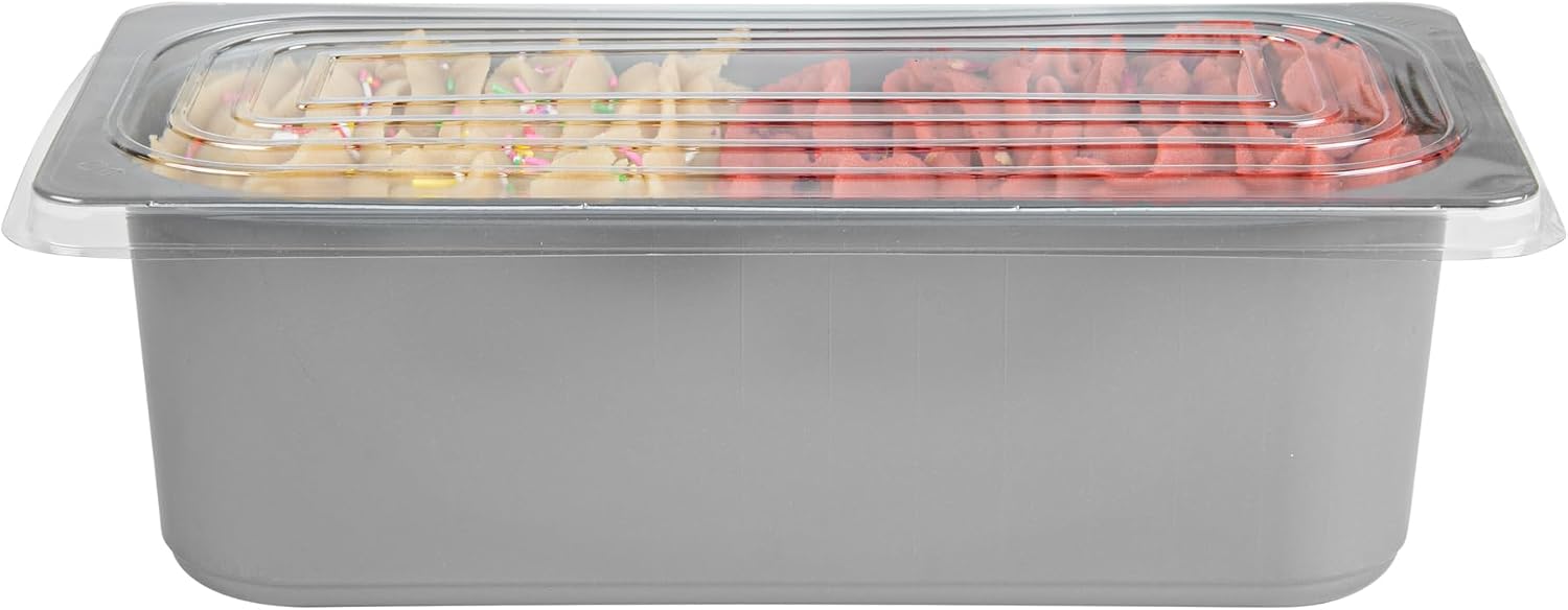 Restaurantware 5 Quart Ice Cream Tub, 100 Count, 5.28 Liter Capacity, Plastic Dessert Container, Rectangular Food Storage Box, Stackable Clear Lid, Gray