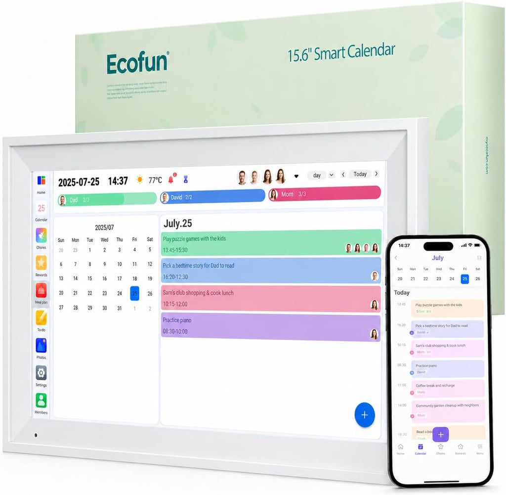 15.6-Inch Smart Digital Calendar & Chore Chart, 1080P Touchscreen Family Planner with Meal Planner & Reward System, Desk & Wall Mountable (White)