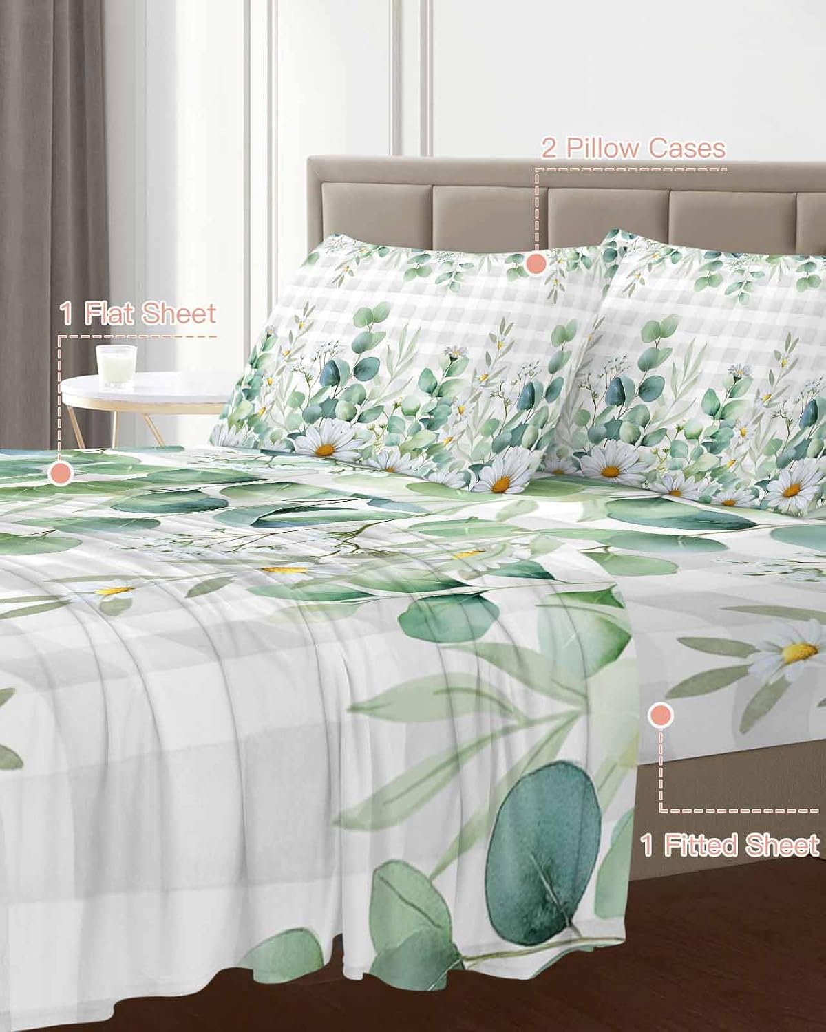 Green Eucalyptus Leaves Cal King Sheet Set 4 Piece Bedding - Daisy Summer Botanical Watercolor Plaid Breathable Comfy Cooling Bed Sheets & Pillowcase Sets, Hotel Flat Sheets Deep Pockets Fitted Sheet