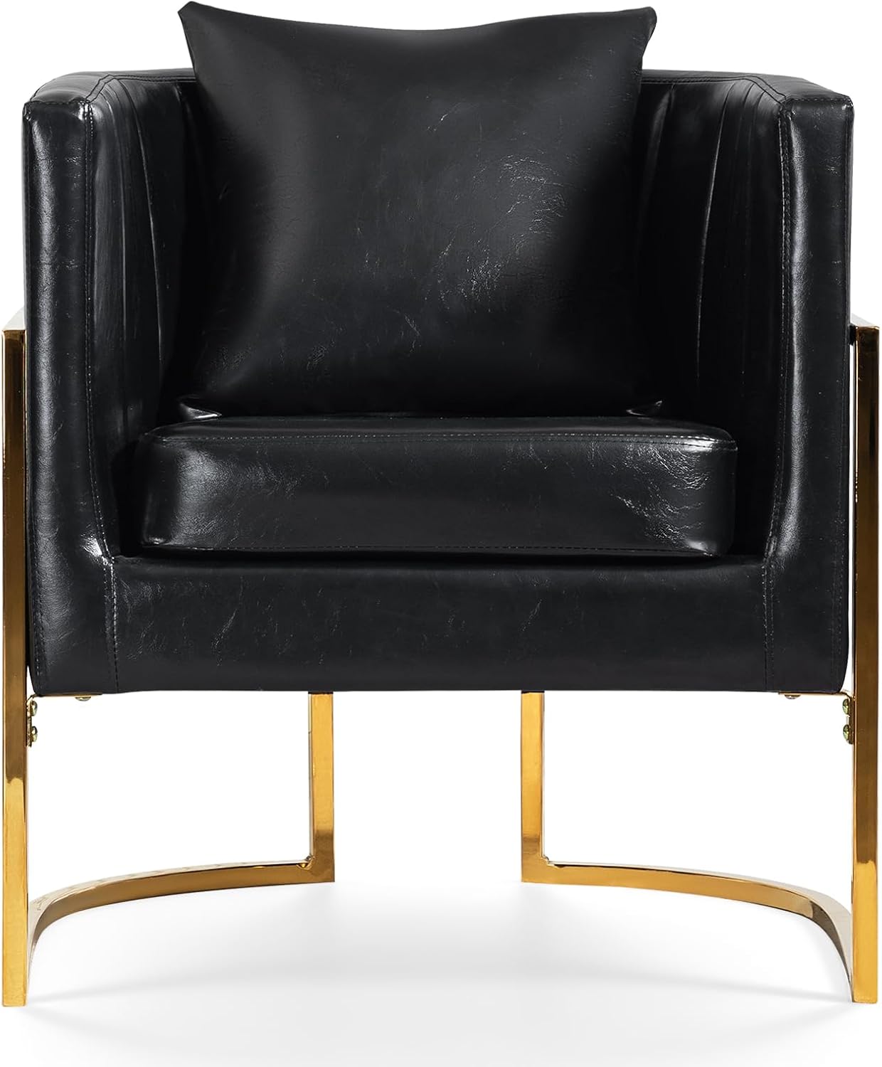 Modern Leather Accent Chairs Set of 2, Mid Century Upholstered Barrel Armchair with Pillow for Living Room, Comfy Single Vanity Chair with Metal Gold Legs for Bedroom, Black