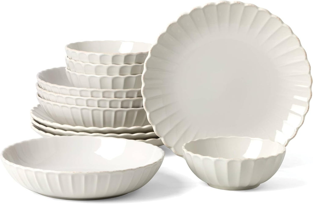 Lenox Dinnerware Set, French Perle Scallop White 12-Piece Set, Service For 4, Stoneware, Dishwasher Safe, Microwave Safe, Plates and Bowls sets, Dish Set, Plate Set, Home And Kitchen (White, 12 Piece)