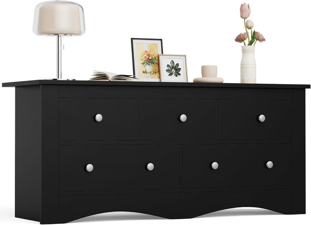 Furmax Dresser for Bedroom, 5 Wood Dresser, Chest of Drawers, for TV up to 65 inch, TV Stand Storage Chest of Drawers for Hallway Entryway (Black)