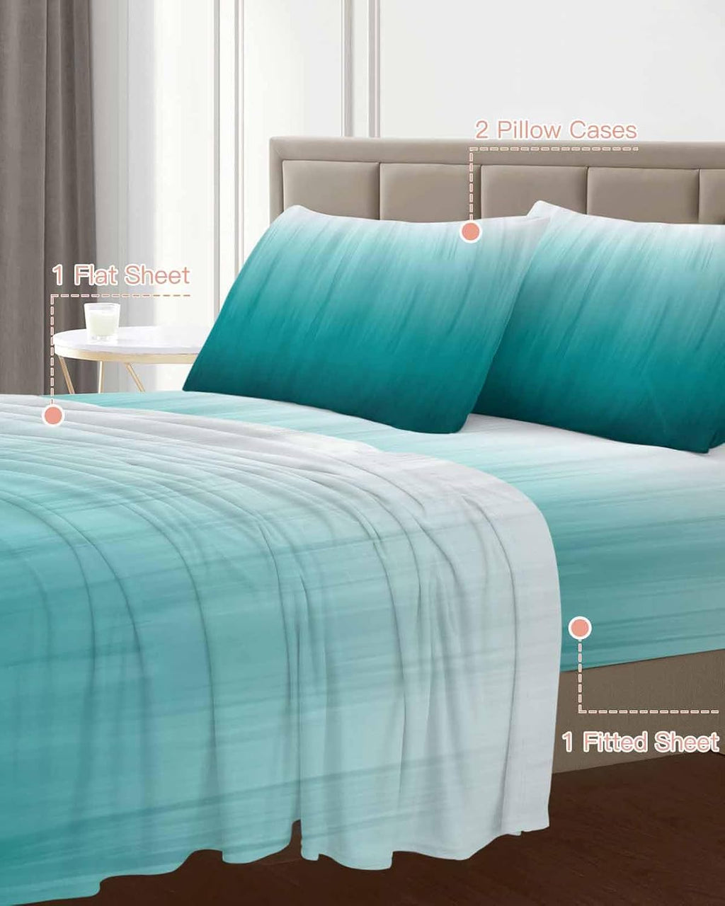 Teal Ombre Cal King Sheet Set 4 Piece Bedding - Contemporary Gradient Abstract Art Breathable Comfy Cooling Bed Sheets & Pillowcase Sets, Hotel Luxury Flat Sheets Deep Pockets Fitted Sheet