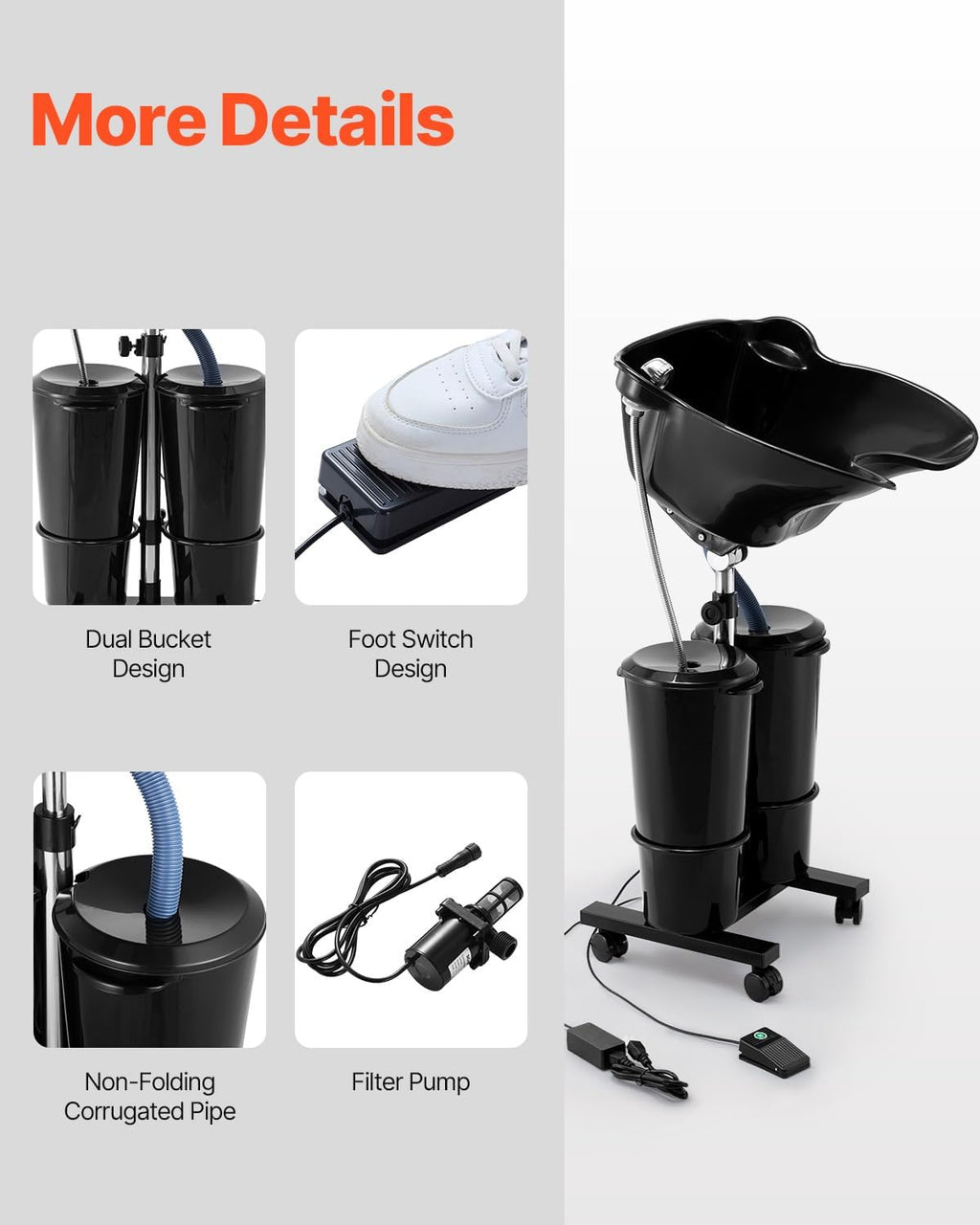VEVOR Portable Shampoo Bowl, Shampoo Sink for Washing Hair with Electric Pump, Includes 2 Buckets 2 Showerheads, Drain Hose, Height and Angle Adjustable Portable Wash Bowl for Home Salon Use, Black