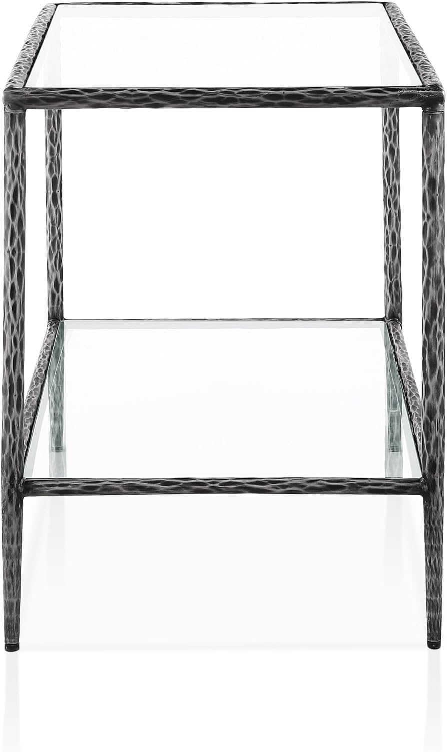 24/7 Shop at Home Lalia Hammered Metal 3-Piece Bedroom Collection, Upholstered Bed Frame with Beige Fabric Headboard, Forged Steel and 1-Shelf Nightstands, Foundation Required, Full, Matte Grey