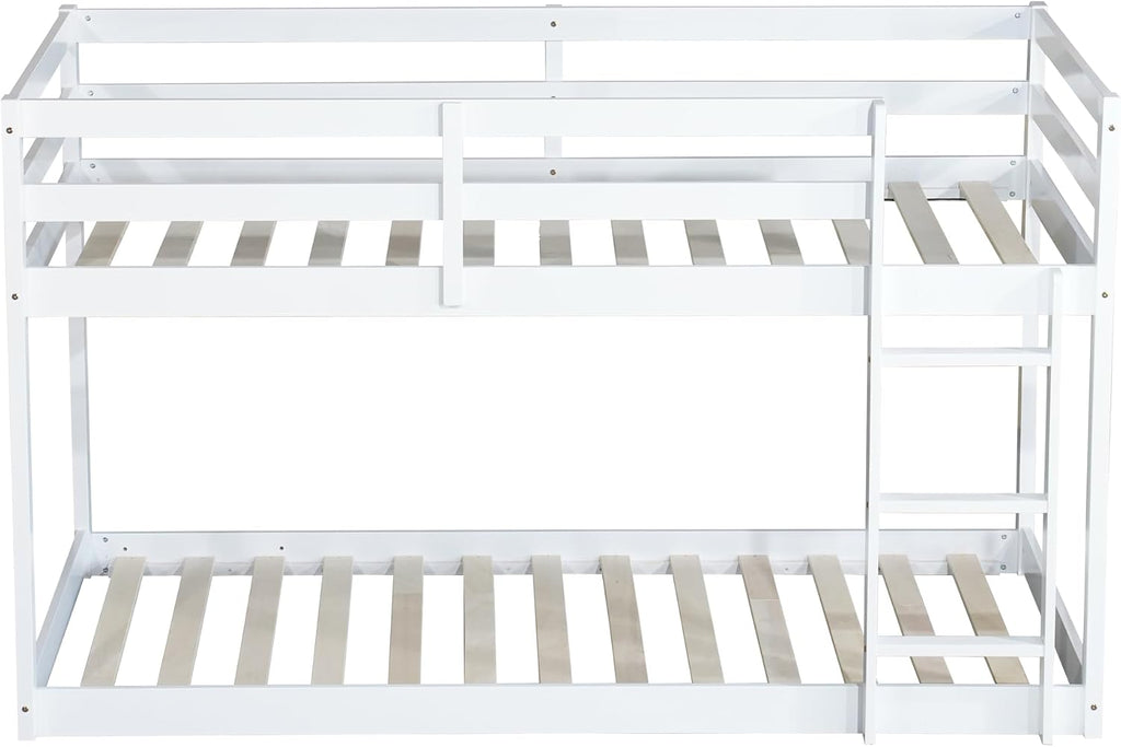 Ball & Cast Solid Rubber Wooden Twin Over Twin Bunk Bed with Ladder and Full Length Guardrail,Low Bunkbed w/Slat Support,Bedroom Furniture for Girls Boys,White