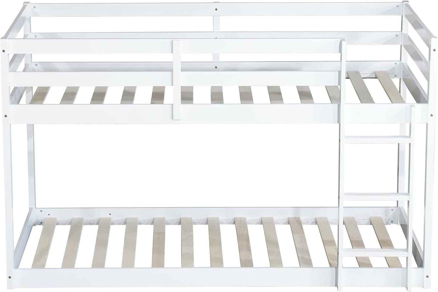 Ball & Cast Solid Rubber Wooden Twin Over Twin Bunk Bed with Ladder and Full Length Guardrail,Low Bunkbed w/Slat Support,Bedroom Furniture for Girls Boys,White