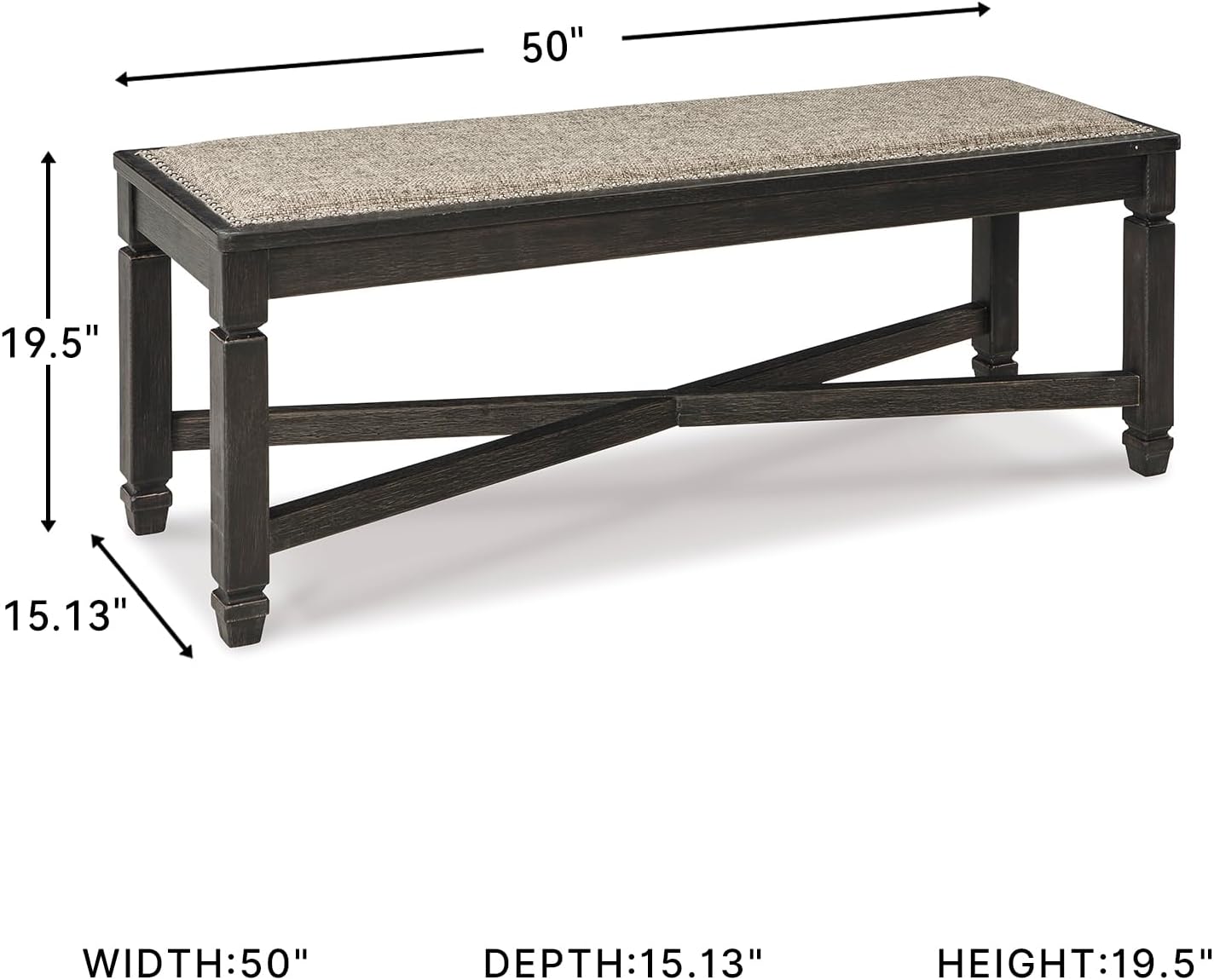 Signature Design by Ashley Tyler Creek Farmhouse Upholstered Dining Room Bench with Tapered Legs, Heavy Woven Fabric, Wood, 19.5' High Seat, Black & Gray